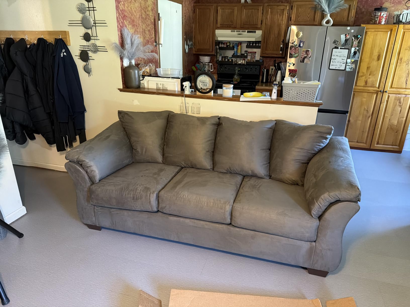 Signature Design by Ashley Darcy Microfiber 3-Seat Sofa Couch, Cobblestone | Stain-resistant fabric cleans easily with water, Sturdy wood and engineered wood frame, Plush pillow-top arms for comfort customer photo 1