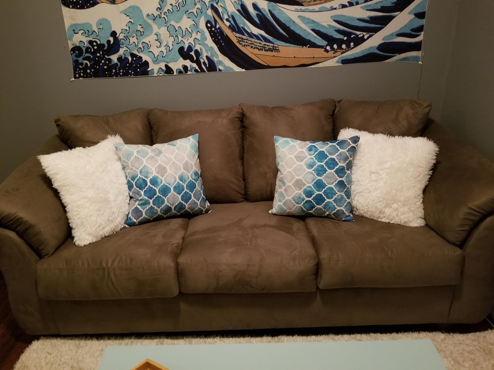 Signature Design by Ashley Darcy Microfiber 3-Seat Sofa Couch, Cobblestone | Stain-resistant fabric cleans easily with water, Sturdy wood and engineered wood frame, Plush pillow-top arms for comfort customer photo 2