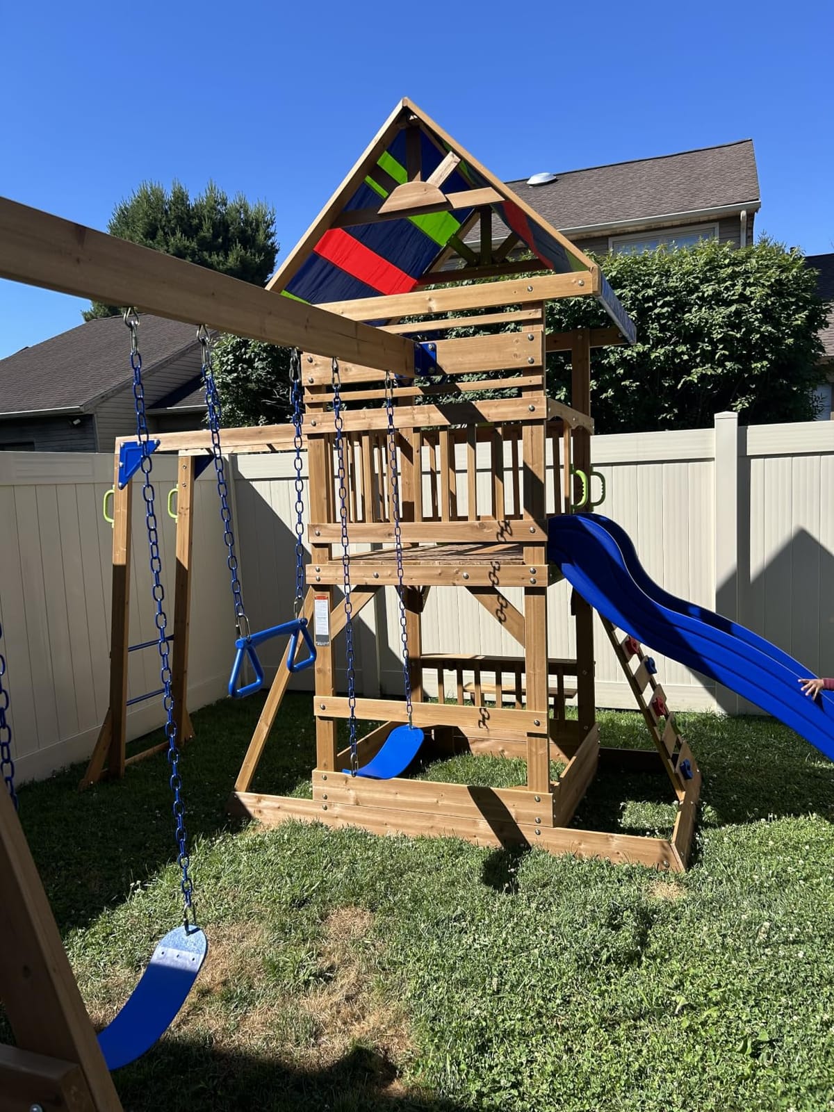 Backyard Discovery Belmont Cedar Wood Swing Set with Wave Slide, Play Deck, Rock Wall Ladder, Snack Bar Window, Shaded Picnic Area, Bench, Belt Swings, Trapeze, Sandbox Area, Canopy, Outdoor Playset customer photo 1