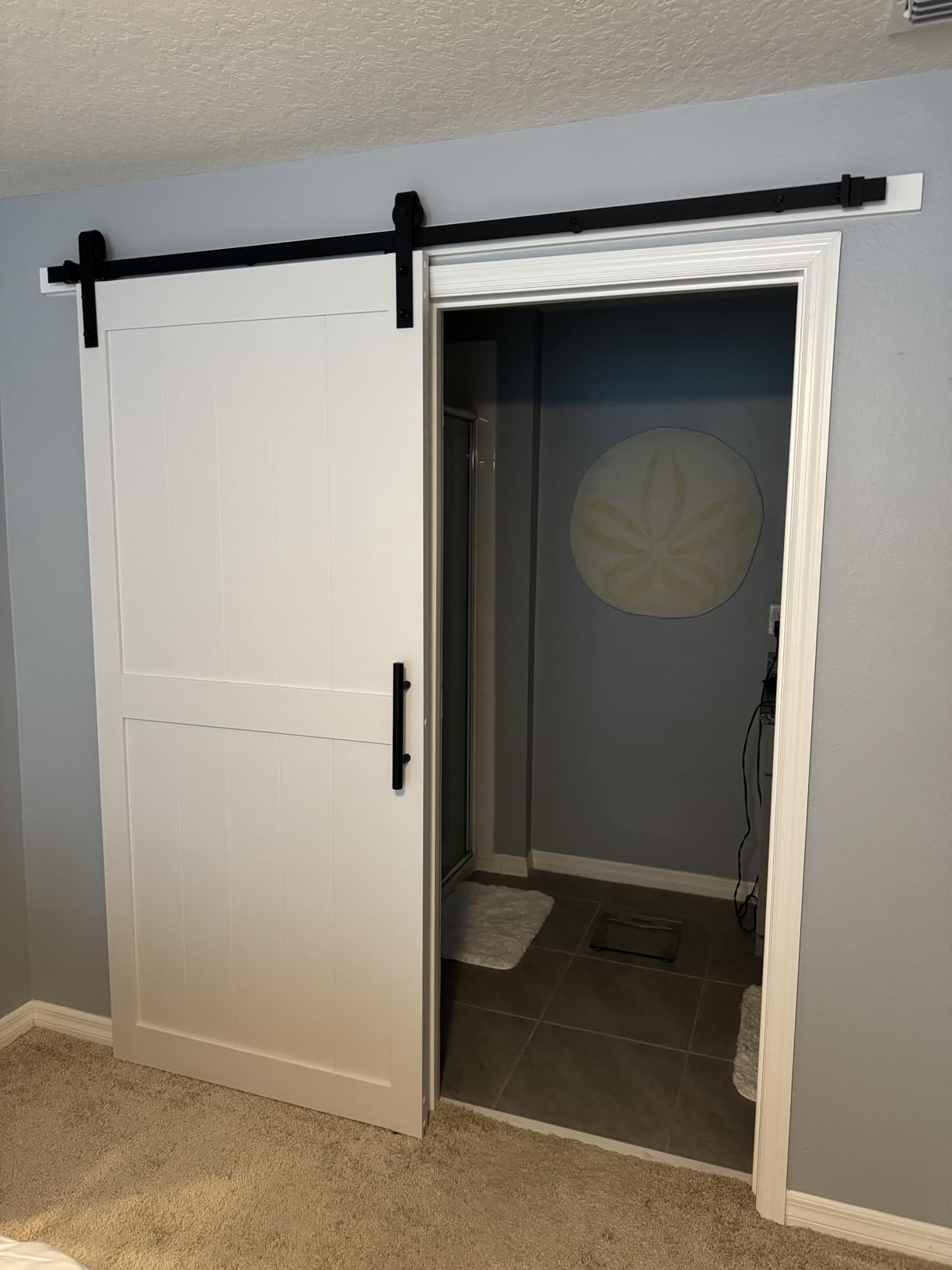 36in x 84in MDF Sliding Barn Door with 6.6ft Barn Door Hardware Kit & Handle, Pre-Drilled Holes Easy Assembly - Solid Barn Door Slab Covered with Water-Proof PVC Surface, White, H-Frame customer photo 2