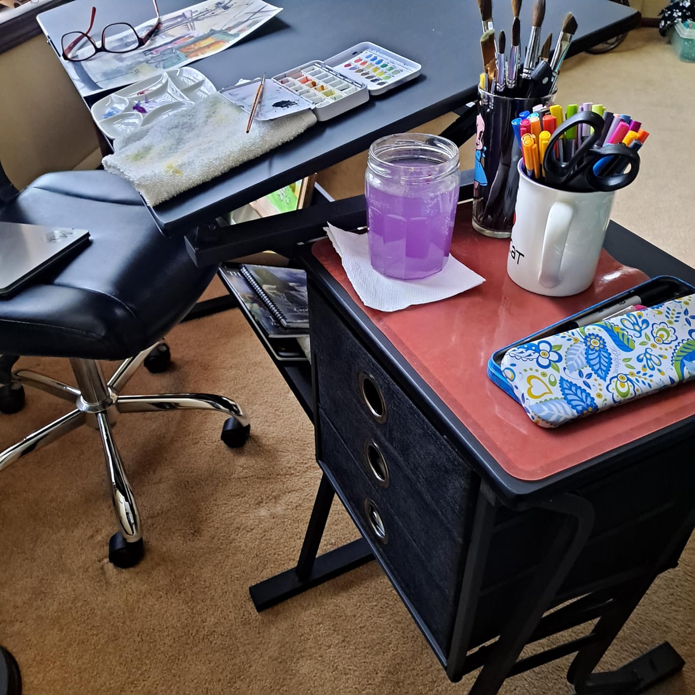 Yaheetech Tilting Drafting Table Art Craft Desk with Stool, Drawers, Black | Steel frame and MDF top adjusts 0-40° for drawing or diamond painting; 3 drawers and shelf organize supplies in small spaces. customer photo 1
