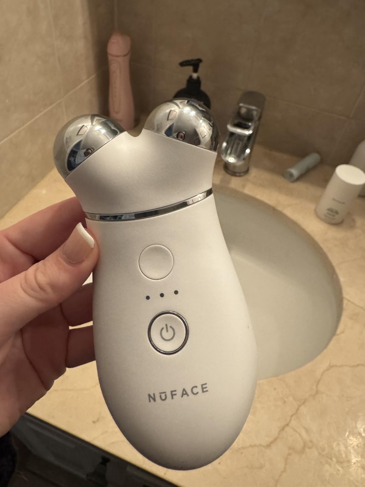 NuFACE Trinity+ Skin Tightening & Face Lift Device - Microcurrent Facial Sculpting Tool to Contour Cheeks, Jawline & Neck, 3 Frequencies, Supports Lymphatic Drainage + Activator Gel, White customer photo 1