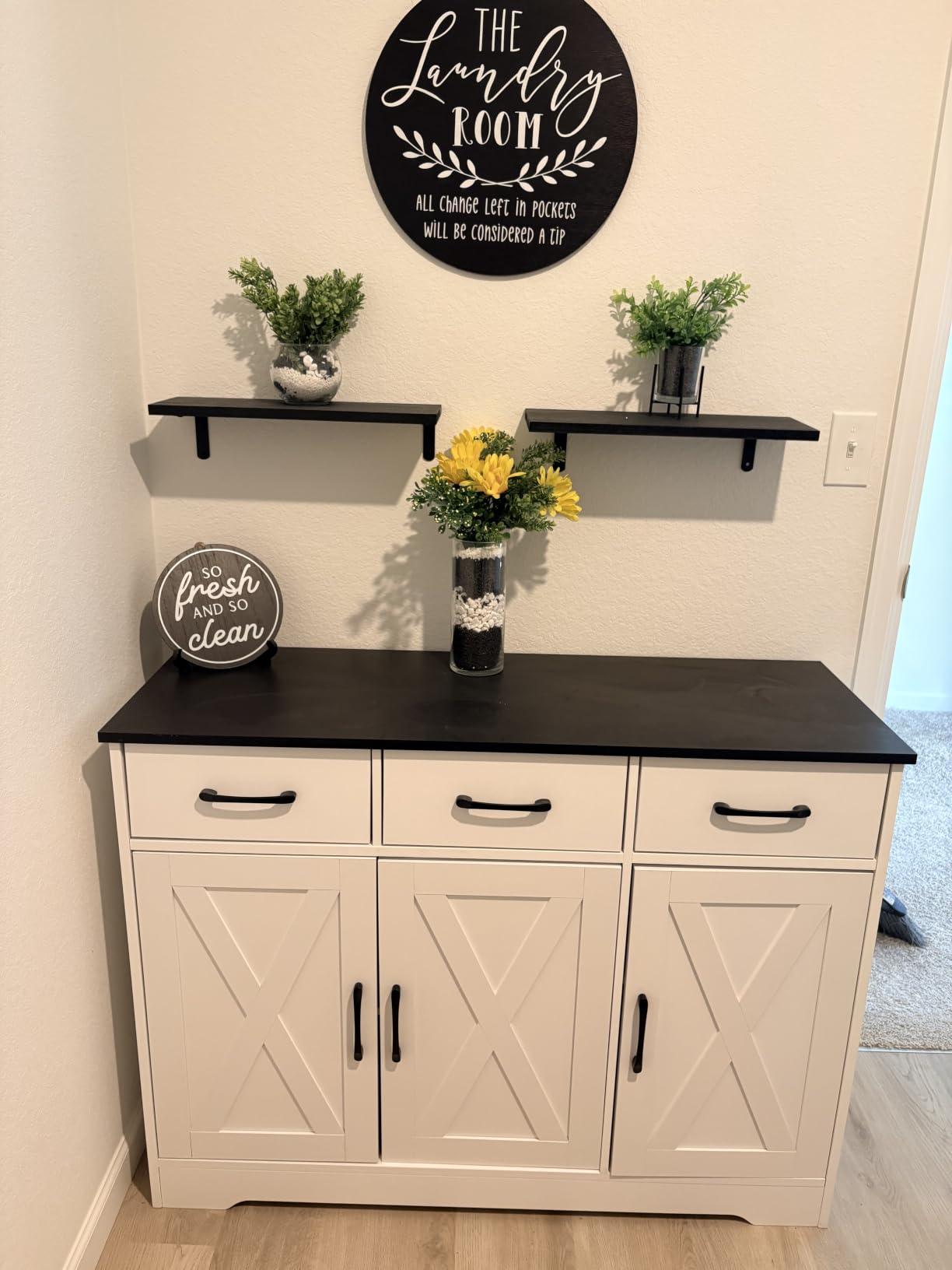 HOSTACK Kitchen Buffet Cabinet with Storage, Sideboard Coffee Bar, White | Farmhouse Kitchen Storage Cabinet with 3 Drawers & Adjustable Shelf, 42.5