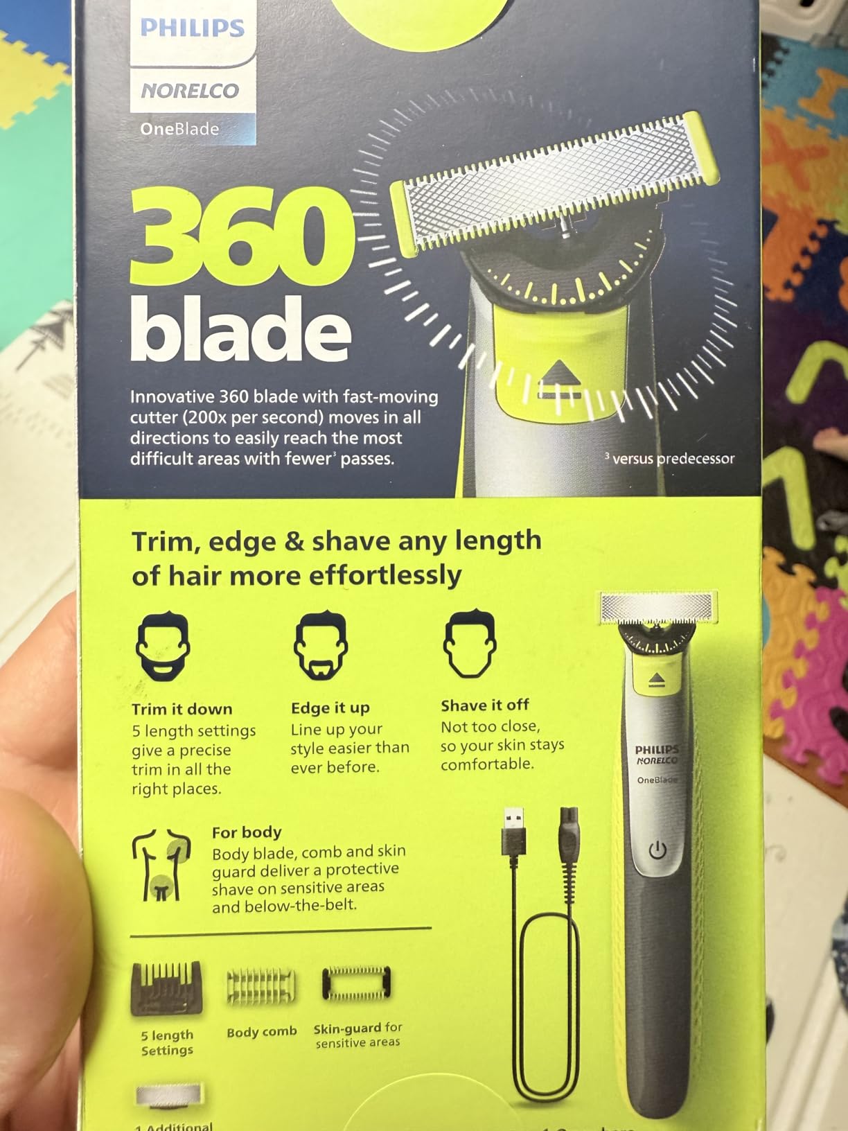 Philips Norelco OneBlade 360 Hybrid Face + Body Trimmer and Shaver | 360 Blade Technology, 100% Showerproof, Stainless Steel Blade Lasts up to 4 months, Body Kit, 60-Min Runtime, QP2834/70 customer photo 2