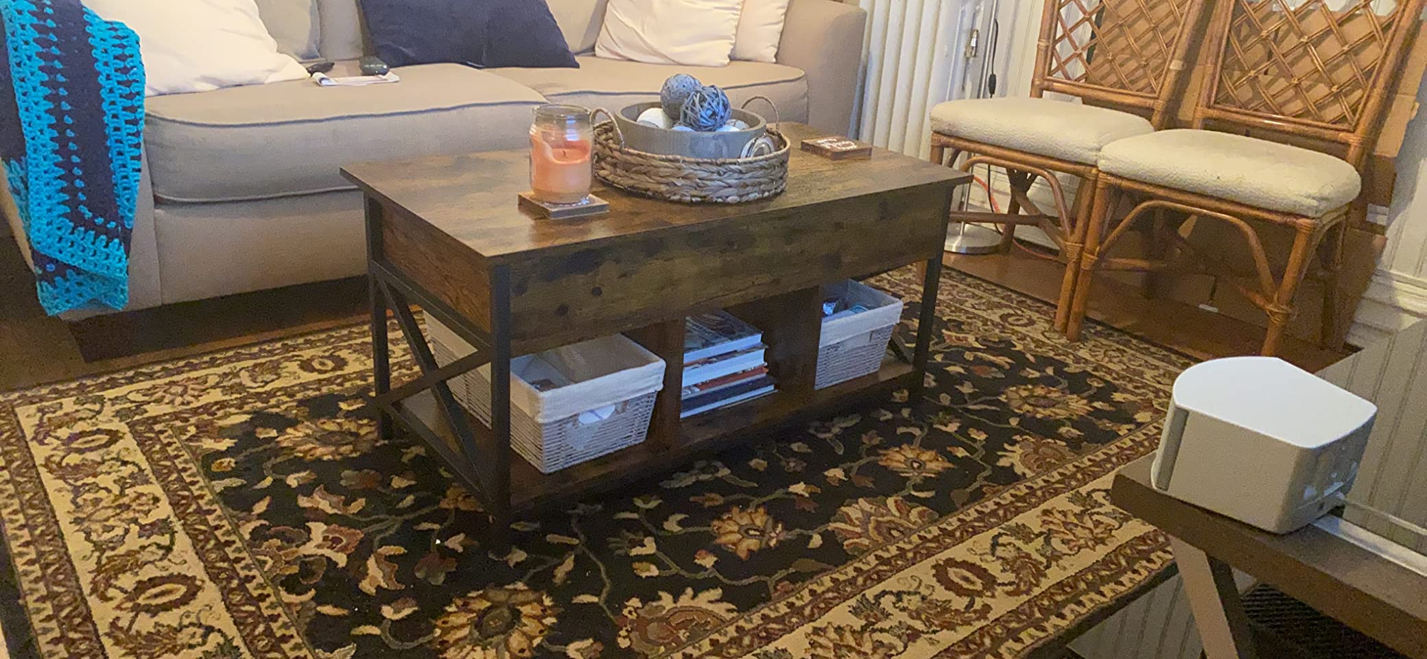 VASAGLE Lift Top Coffee Table, Lift Coffee Table with Storage Shelf, Hidden Compartments and Lifting Top, for Living Room, Office, 19.7 x 47.2 x (19.3-24.4) Inches, Rustic Brown and Black customer photo 2