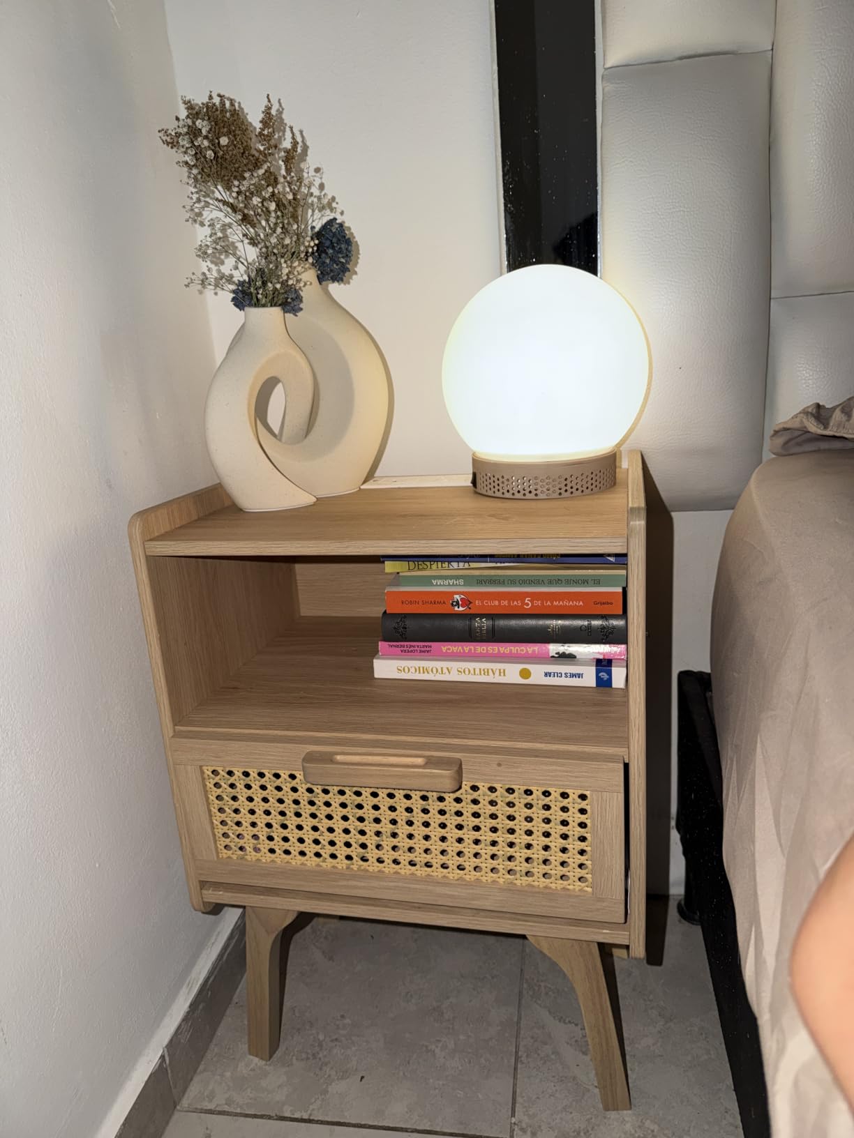 Lerliuo Rattan Nightstand with Charging Station, Boho Night Stand, Side Table with Drawer Open Shelf, Cane Accent Bedside End Table for Bedroom, Dorm and Small Spaces customer photo 2