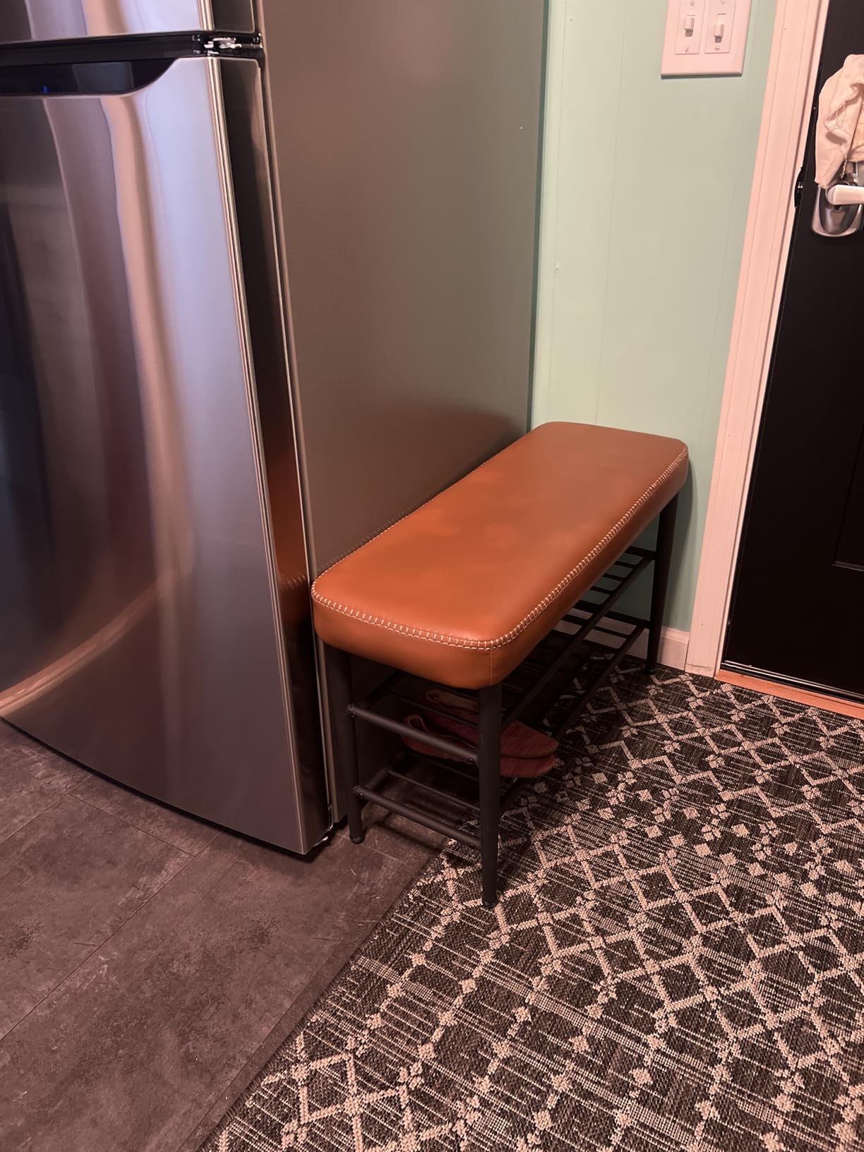 VASAGLE EKHO Collection - Shoe Rack Bench, Storage Bench for Entryway, Synthetic Leather with Stitching, Mid-Century Modern, Loads 300 lb, Caramel Brown ULSB054K01 customer photo 2