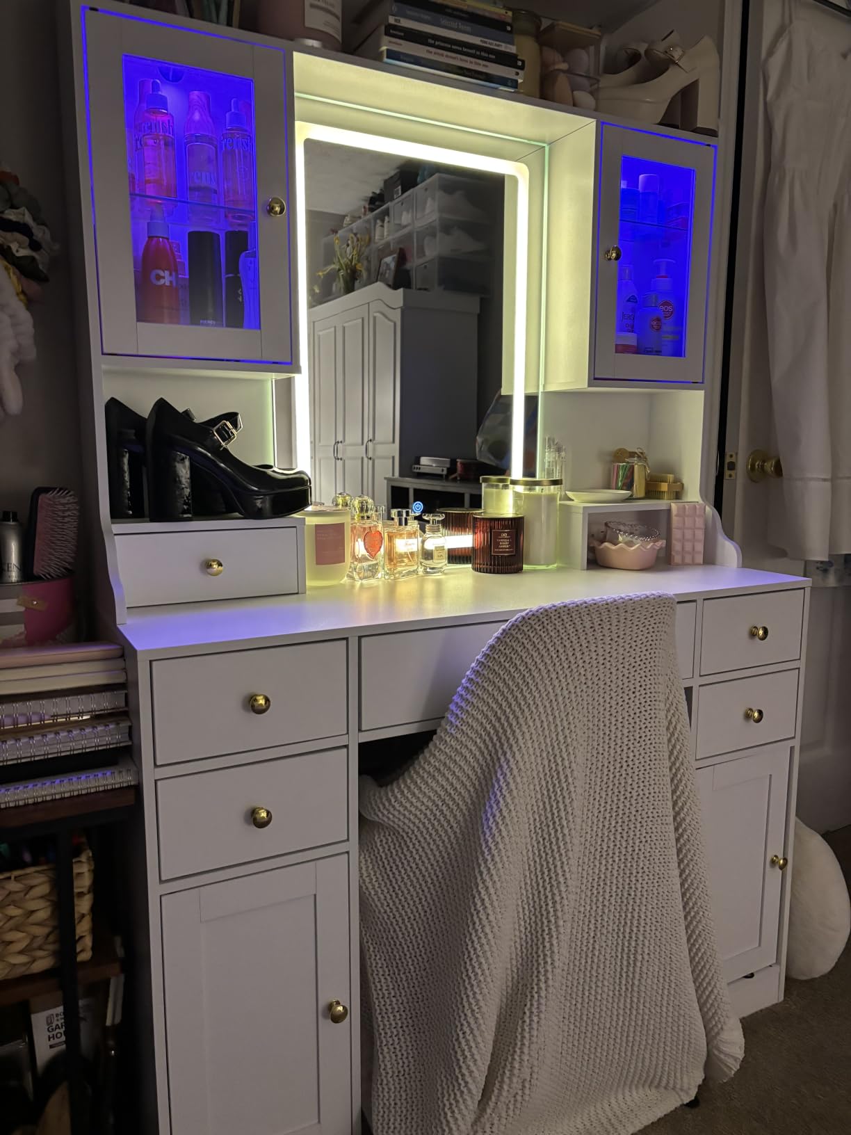 White Makeup Vanity Desk with LED Mirror & RGB Cabinets | Vanity Table with Charging Station and 6 Storage Drawers, Adjustable 3 Mode Mirror Lights, Bedroom Dressing Table for Women customer photo 2