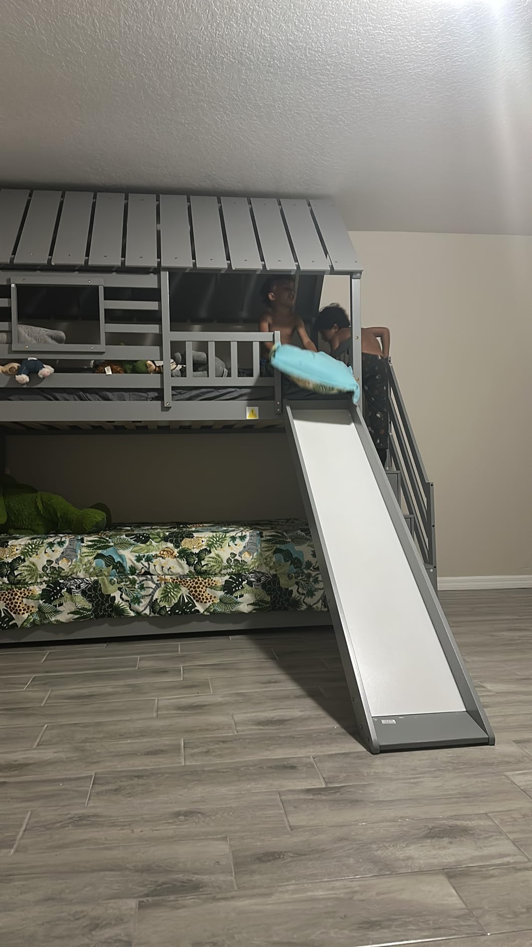 Harper & Bright Designs Kids Bunk Bed Frame with Slide and Trundle, Twin Over Twin House Bunk Bed with Storage Stairs for Kids Boys Girls, No Box Spring Required, Space Saving, Gray customer photo 2
