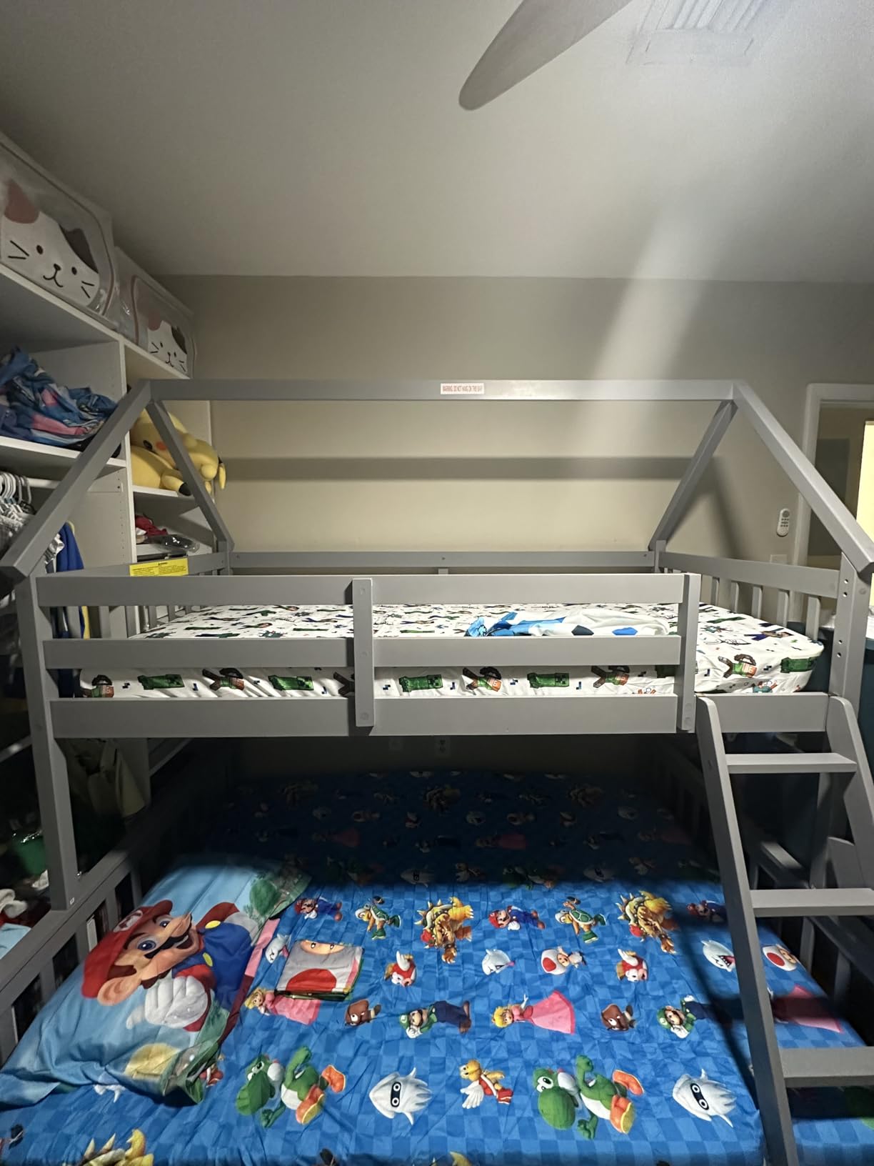 KOMFOTT Wood Twin Over Full House Bunk Bed with Built in Ladder, Solid Pine Wood Bunk Bed Frame with Safety Guardrails, House Bunk Bed Frame for Kids, Teens, Juniors, No Box Spring Needed (Grey) customer photo 2