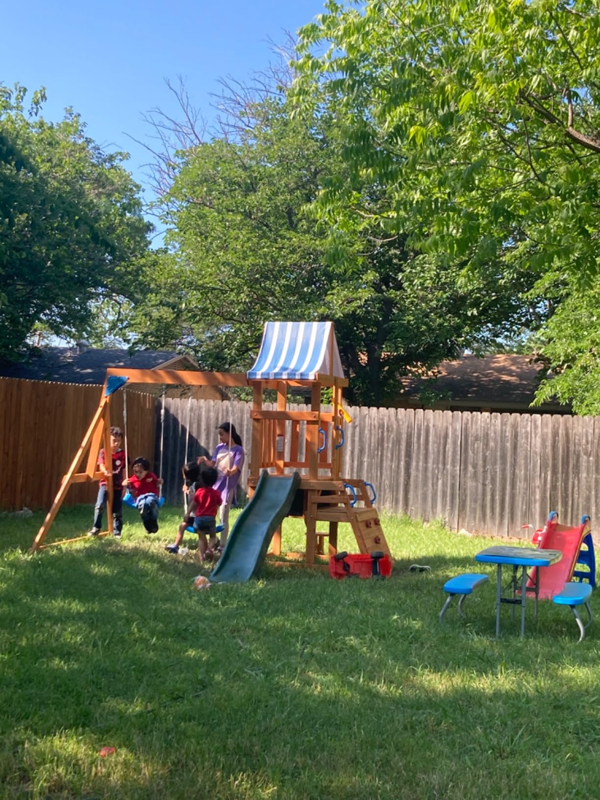 ROBOTIME Wooden Swing Set for Backyard, All-in-One Kids Outdoor Play Equipment with Swings, Slide, Climbing Rope Ladder, Outdoor Swing Playset for Kids Ages 3-10 customer photo 2
