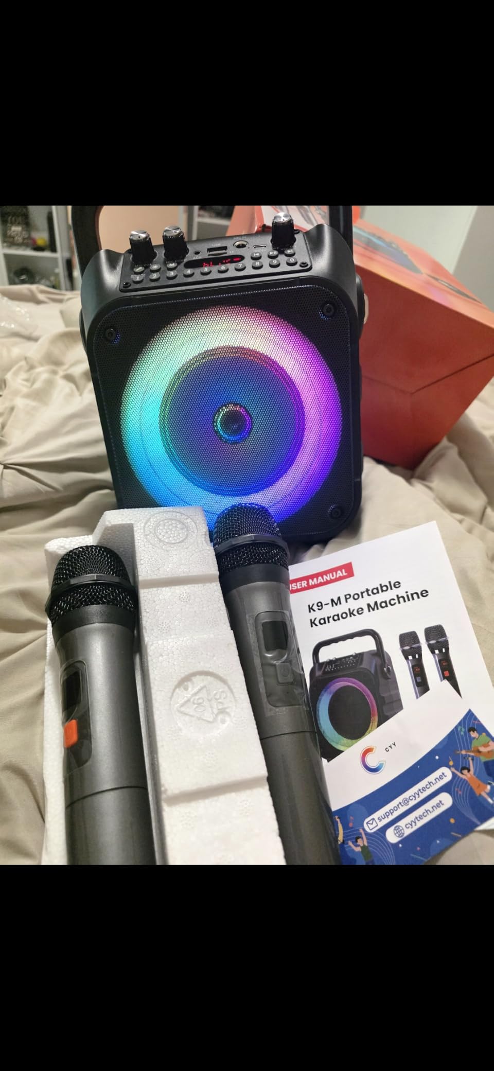 CYY Karaoke Machine, Portable Bluetooth Speaker with 2 Wireless Microphones | Immersive Sound, 5 Light Modes, PA System, TWS USB TF AUX FM, for Adults and Kids, Home Party, Outdoor customer photo 2