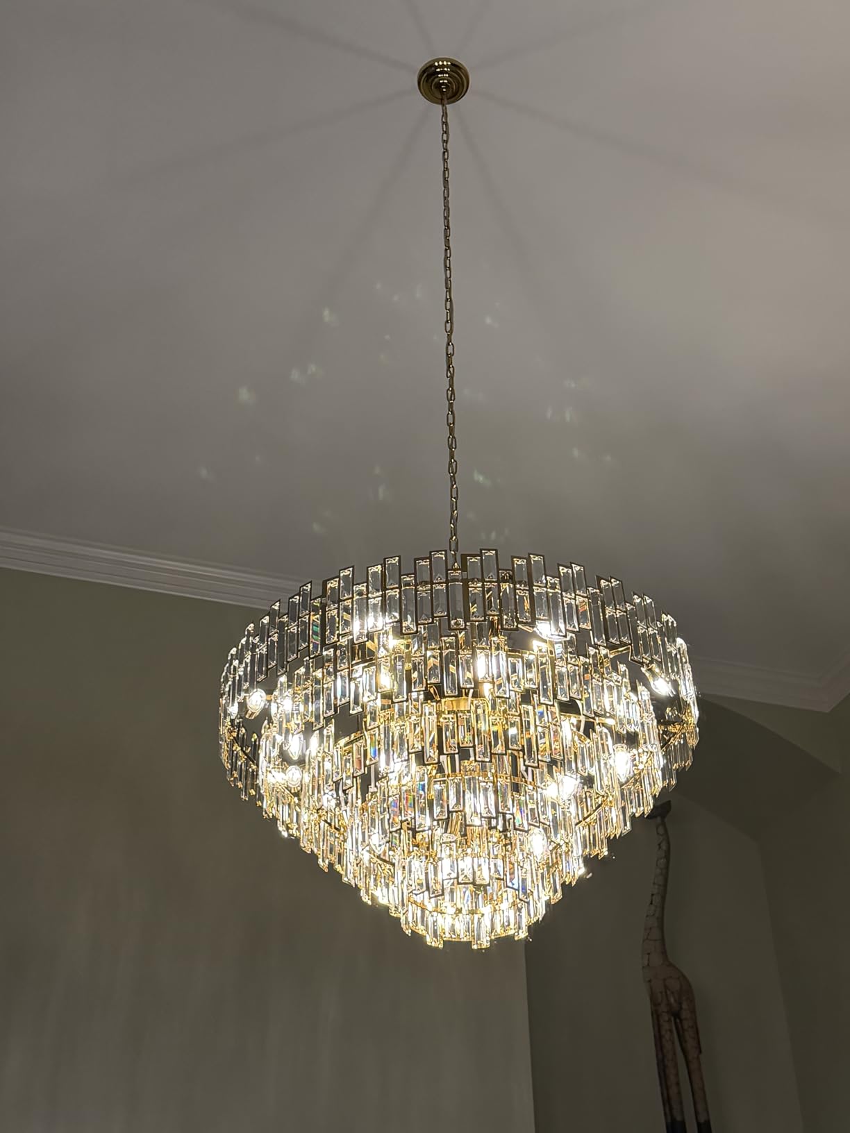 Modern Gold Crystal Chandelier 19-Light Foyer Dining Room Fixture | 31.5 In 4-tier Round Design, Pre-mounted Crystals, 23 In to 10 ft Adjustable Drop, Sloped Ceiling Ready, Uses 19 E12 bulbs customer photo 2