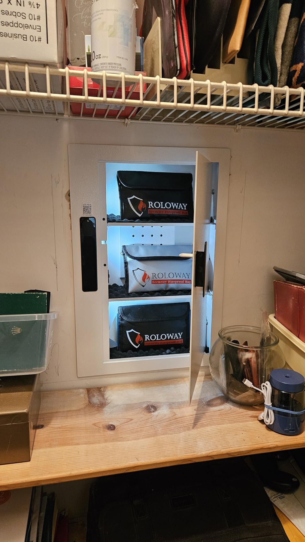 Grimtron Quick Access Electronic Wall Safe with Removable Shelves & Hooks | White Wall Mount Safe Between Studs 16