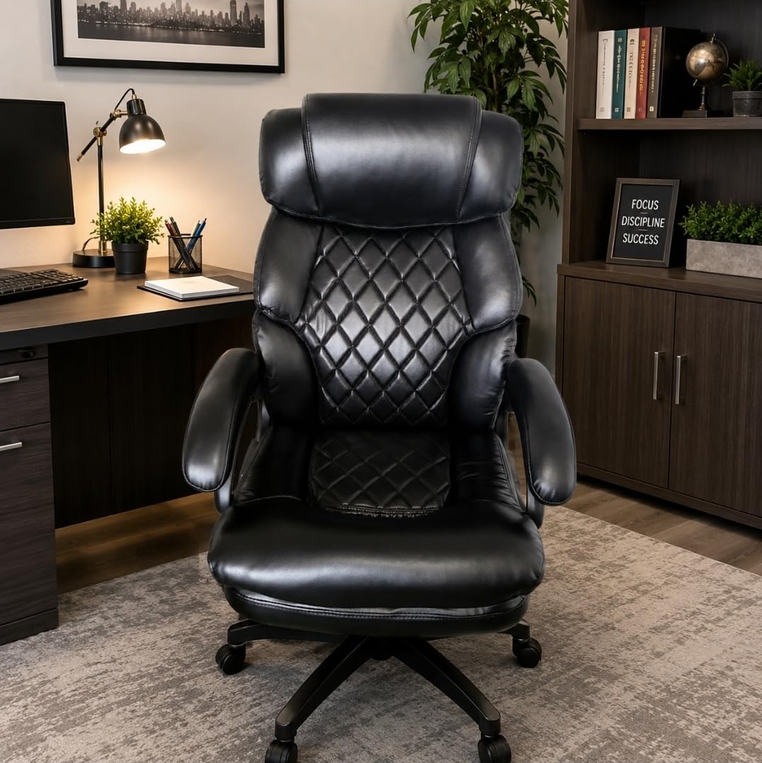 COLAMY Office Ergonomic Desk High Back Executive Chair with Pop-Out Lumbar Support, Upgraded Casters, Adjustable Headrest, Flip-Up Arms, Leather Home with Thick Cushion for Comfort - Black customer photo 1