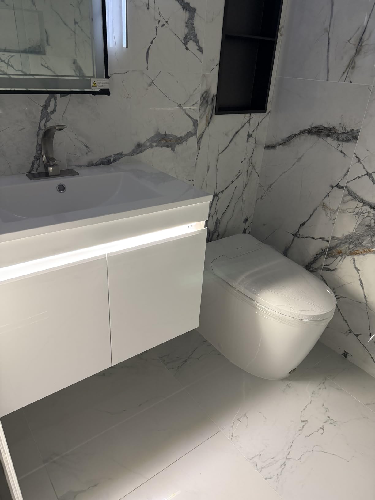 AHB 30 inch Bathroom Vanity W/Sink Combo, High Gloss Bathroom Cabinet, Smart Wall Mounted Sink Cabinet Auto Motion Sensor LED Light, Modern Floating Vanity with Faucet customer photo 1