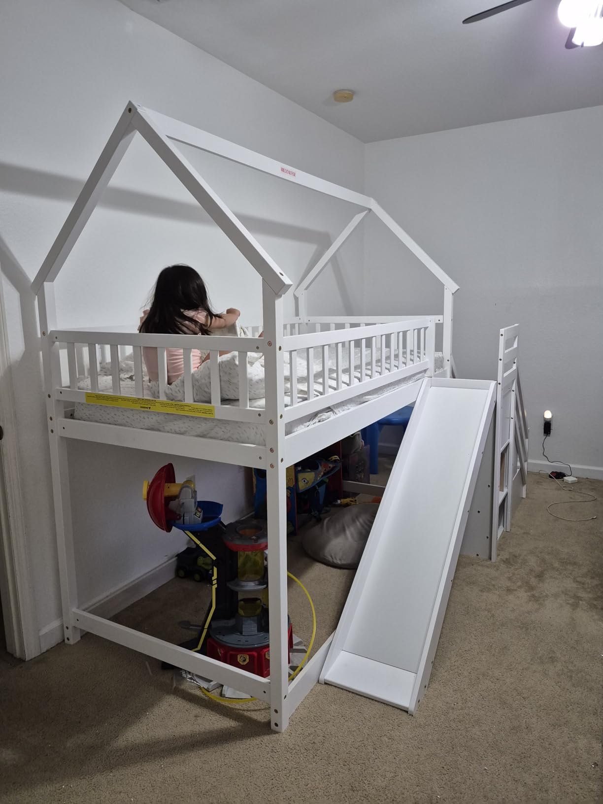 Giantex House Bunk Bed Twin Over Twin with Slide & Stairs, Wood Bunk Bed with Storage Shelves, No Box Spring Needed, Twin Floor Bed for Kids Teens Boys Girls (White) customer photo 1