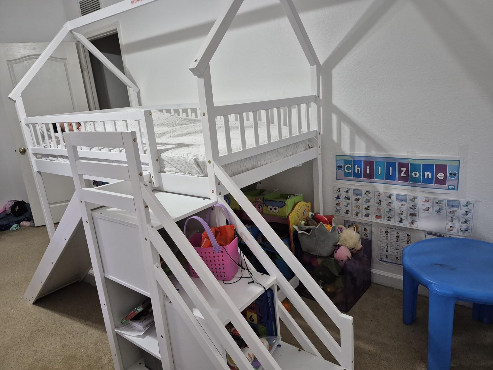 Giantex House Bunk Bed Twin Over Twin with Slide & Stairs, Wood Bunk Bed with Storage Shelves, No Box Spring Needed, Twin Floor Bed for Kids Teens Boys Girls (White) customer photo 2