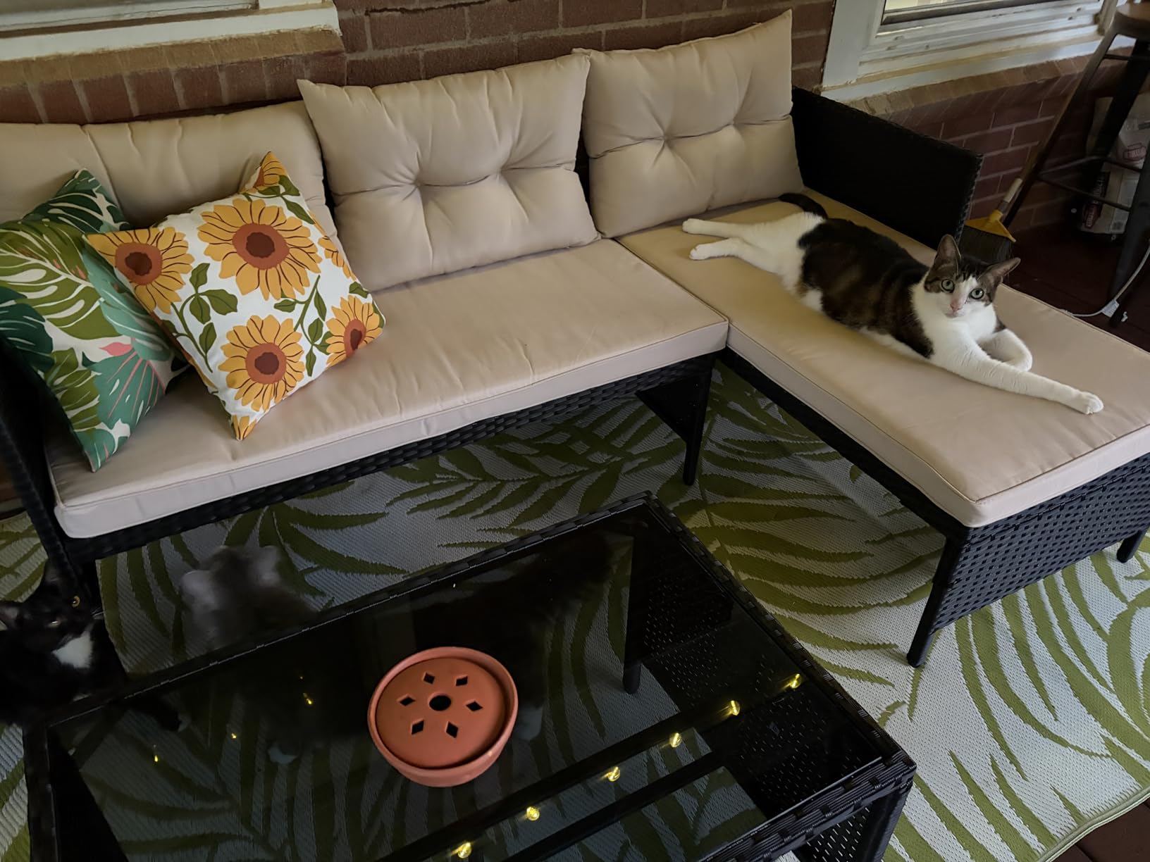 Devoko Outdoor Patio Furniture 3-Piece Rattan Waterproof Outdoor Sectional Sofa All-Weather L Shaped Patio Couch with Cushion Glass Table for Balcony, Garden (Beige) customer photo 1