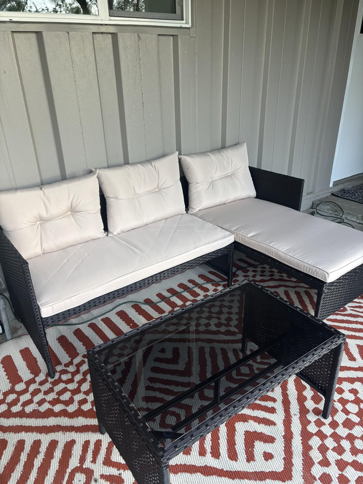 Devoko Outdoor Patio Furniture 3-Piece Rattan Waterproof Outdoor Sectional Sofa All-Weather L Shaped Patio Couch with Cushion Glass Table for Balcony, Garden (Beige) customer photo 2