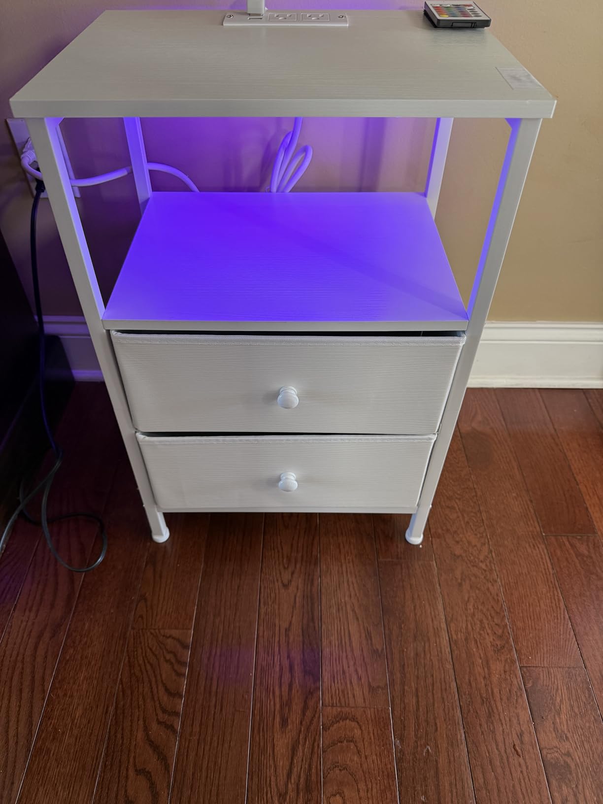 BOLUO White Nightstand with Charging Station, LED Night Stand with 2 Fabric Drawers, Bedside Table with USB Ports and Outlets, Nightstand for Bedroom Modern customer photo 2