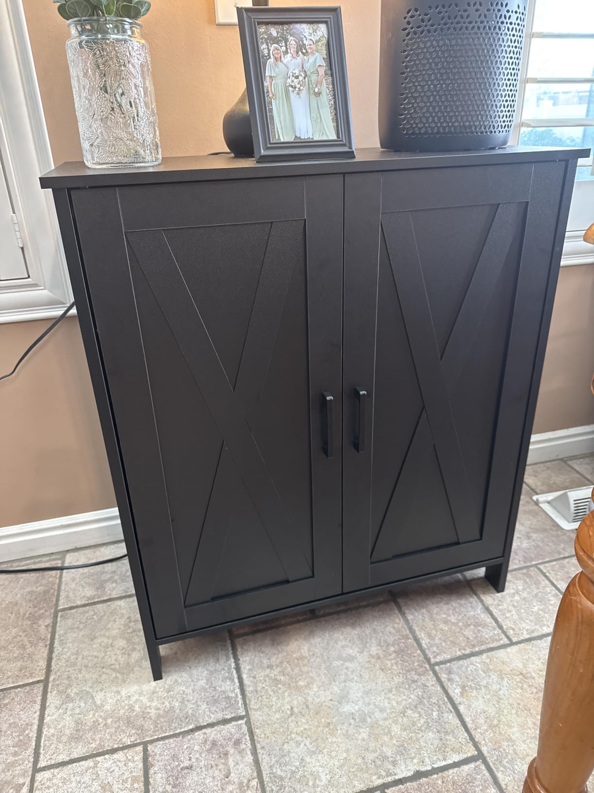 Homleke Farmhouse Shoe Cabinet with 2 Barn Doors & Wood Legs, Tall 4-Tier Shoe Storage Cabinet, 3 Adjustable Shelves, Shoe Rack Organizer, for Entryway, Hallway, Closet, White customer photo 1