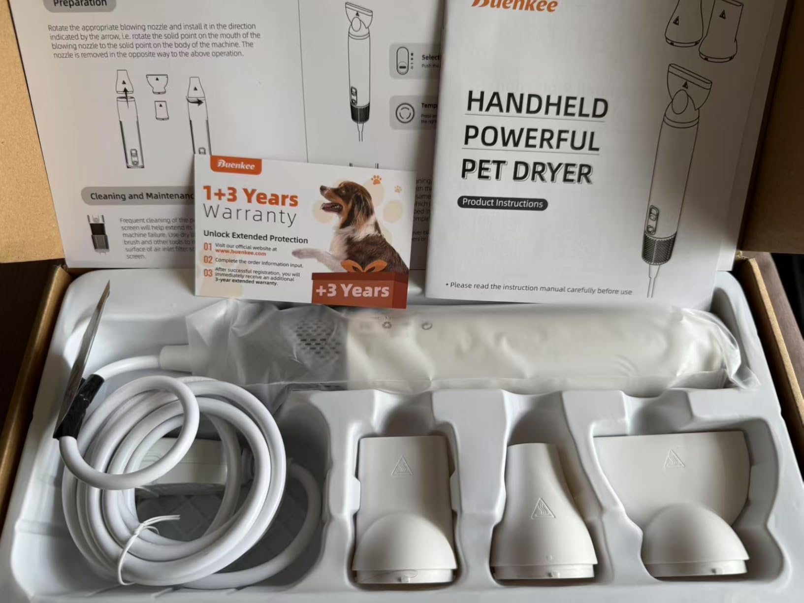 Buenkee Handheld Dog Dryer, 3HP High-Velocity Pet Hair Blower, White | 12 modes with 3 speeds and 4 temps, 1.2 lb lightweight, quiet under 65 dB, portable for home and travel, includes 3 nozzles customer photo 2
