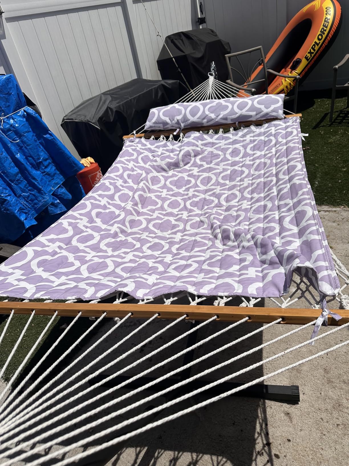 Everyfun 2 Person Double Hammock with Stand, 500 lb Cotton Rope, Dark Gray | Removable Quilted Pad & Headrest Pillow | Adjustable Height Stand | Tool-Free 10-Min Setup | 2 Carry Bags Included customer photo 1