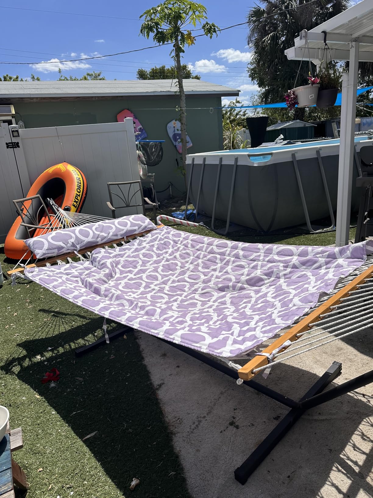 Everyfun 2 Person Double Hammock with Stand, 500 lb Cotton Rope, Dark Gray | Removable Quilted Pad & Headrest Pillow | Adjustable Height Stand | Tool-Free 10-Min Setup | 2 Carry Bags Included customer photo 2