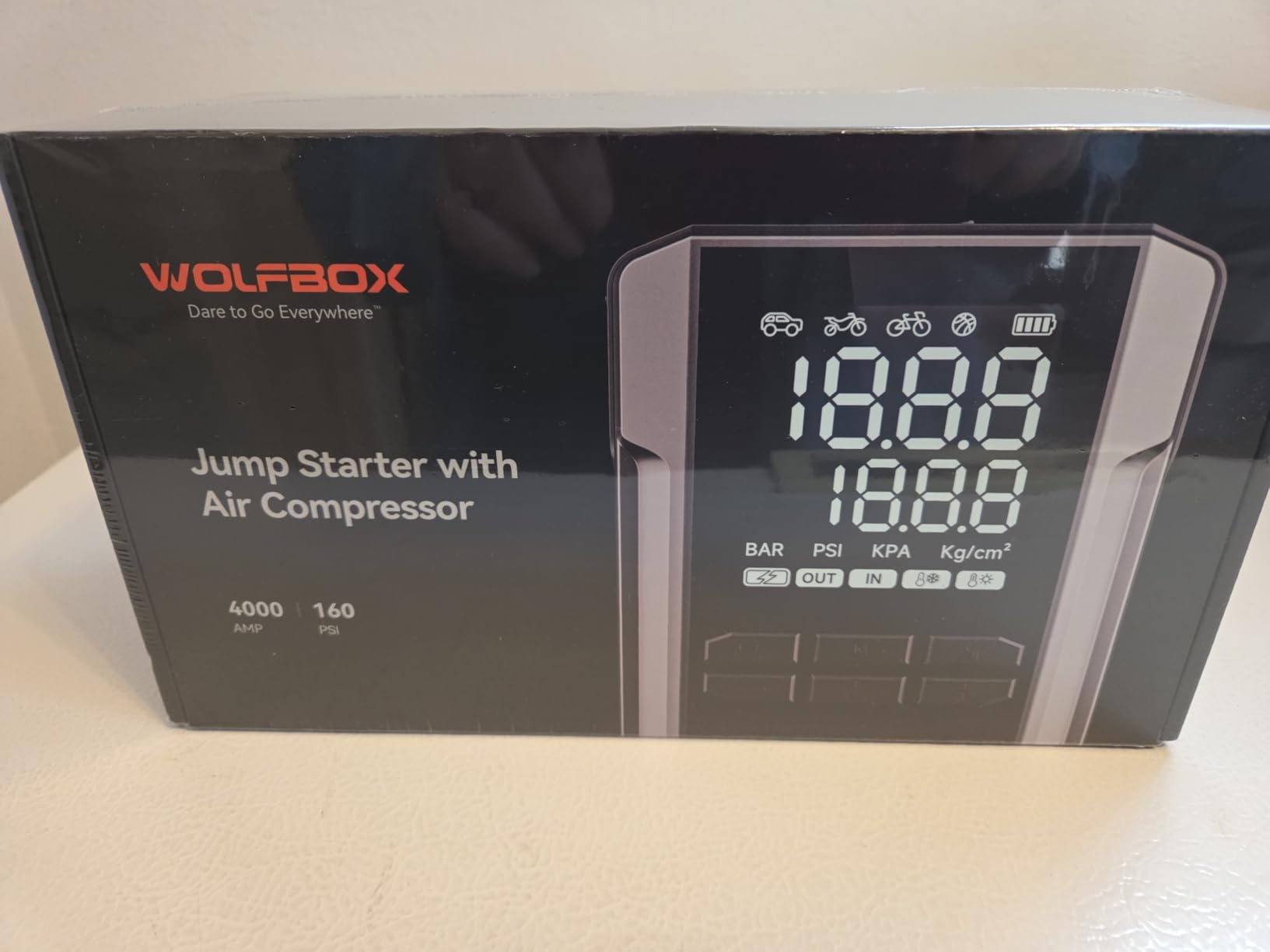 WOLFBOX MV24A 4000A Jump Starter with 160PSI Air Compressor, 12V Car Battery Booster, 88.8Wh Portable Jump Box (10L Gas/10L Diesel) with 65W Fast Charging, Tire Inflator, Jumper Cables, LED Light customer photo 2