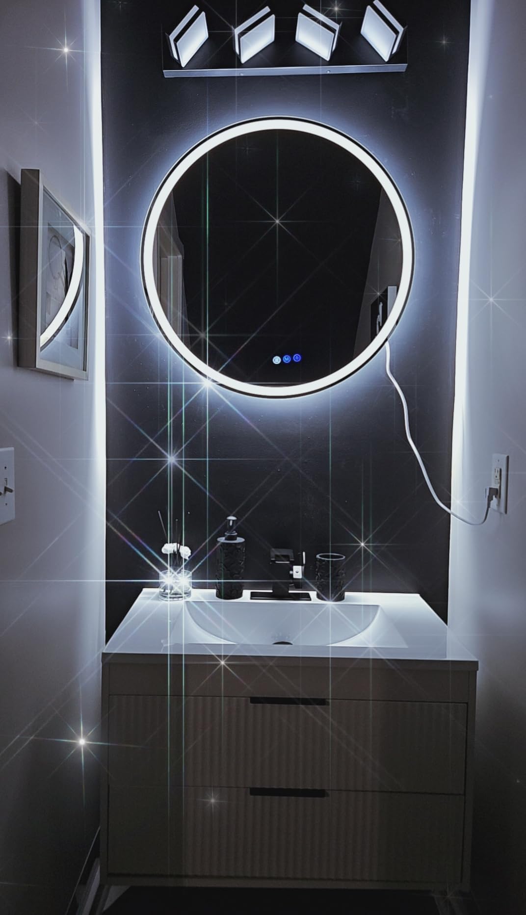 24 Inches Modern MDF Bathroom Vanity with Sink, Wall Mounted Floating Cabinets w/Double Drawers, Black Handles, White Resin Sink Combo Set (White, 24