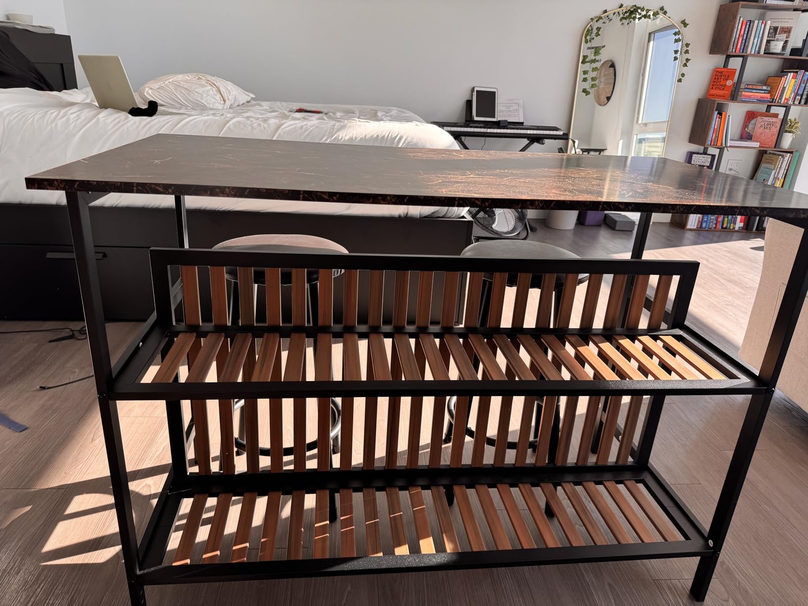 AWQM Kitchen Island with Seating & Storage Shelf, Modern Bar Table and Chairs Set for 2, Wooden Island Table for Kitchen, Dining Table Set for Small Space, White customer photo 2