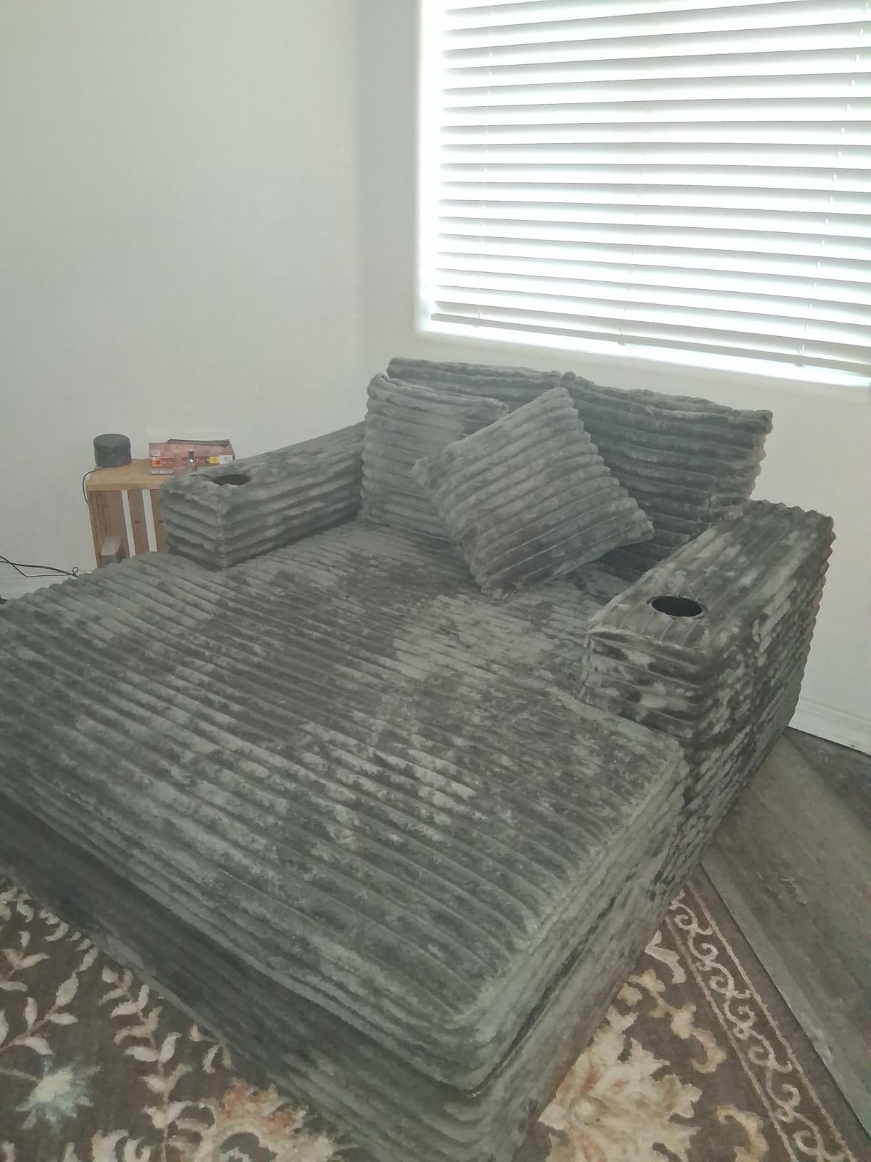 GarveeHome 60-inch Oversized Chaise Lounge Chair Indoor, Comfy Corduroy Lounge Sofa with Charging Station, Cup Holders & Throw Pillows, Cozy Sleeper Couch for Living Room Apartments, Grey customer photo 1