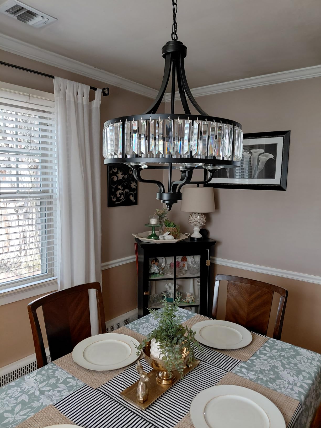 Modern Black Crystal Chandelier, 5-Light Farmhouse Dining Room Light Fixture Over Table Adjustable Height Hanging Industrial Pendant Lights Kitchen Island, Living Room Kitchen Island Entryway customer photo 2