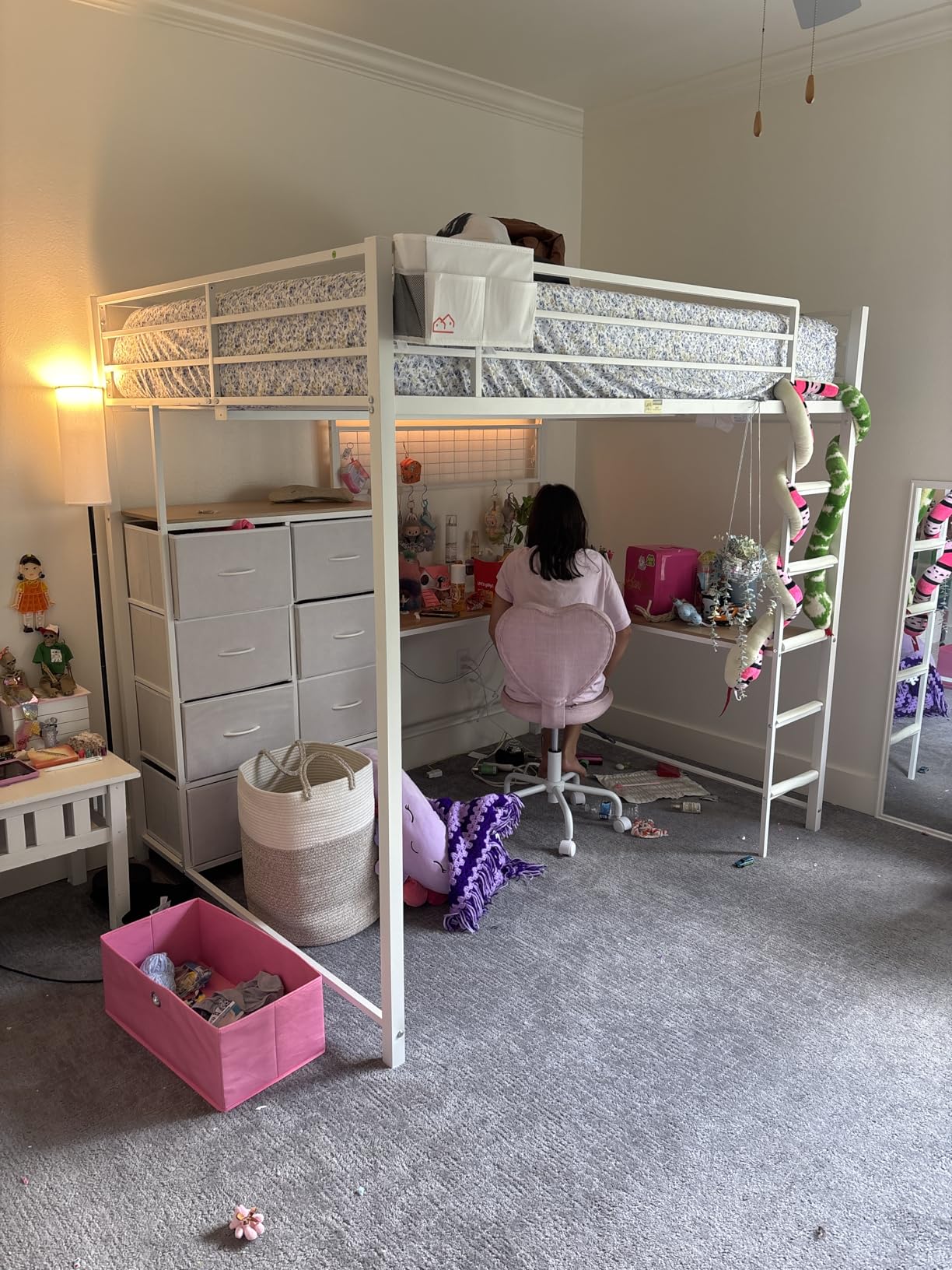 DICTAC Full Loft Bed with L-Shaped Desk and 7 Storage Drawers, Metal Full Size Loft Bed for Teen with LED Lights and Charging Station, 13.11