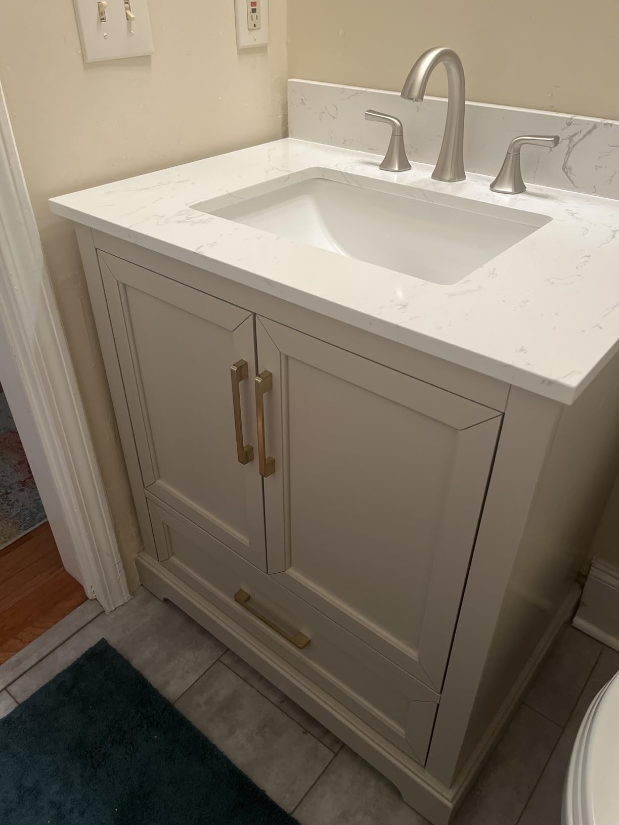 60 Inch Bathroom Vanity with Double Sink Combo, Solid Wood Frame with Marble Top & Backsplash, Fully-Assembled with Soft-Closing Doors & 5 Drawers, Greige customer photo 1