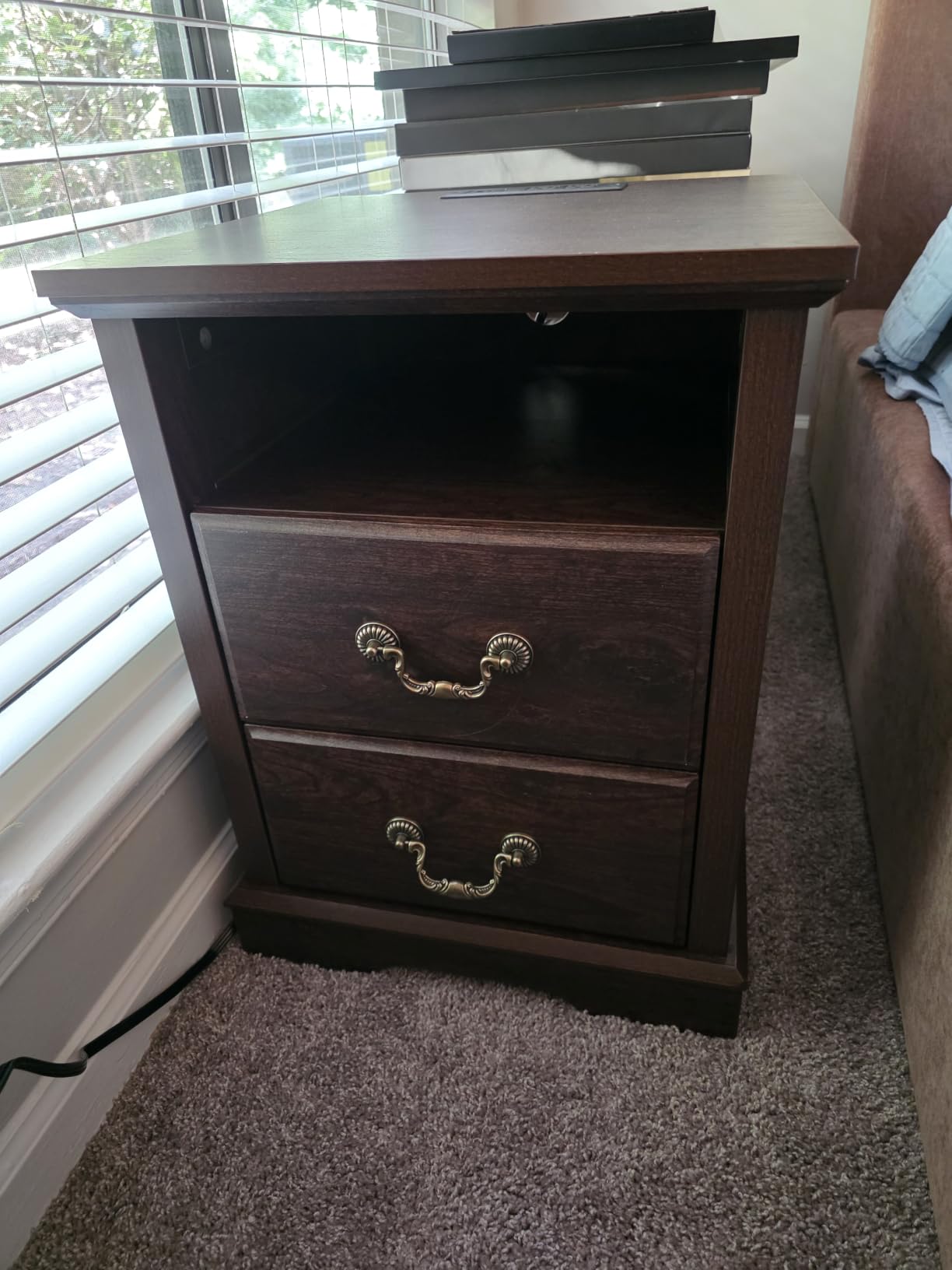Farmhouse Night Stand with Charging Station, Walnut, 2 Drawers End Tables Bedroom, Bedside Table with Rustic Handles & Floor-Standing Thickened Foot & Open Shelf customer photo 1