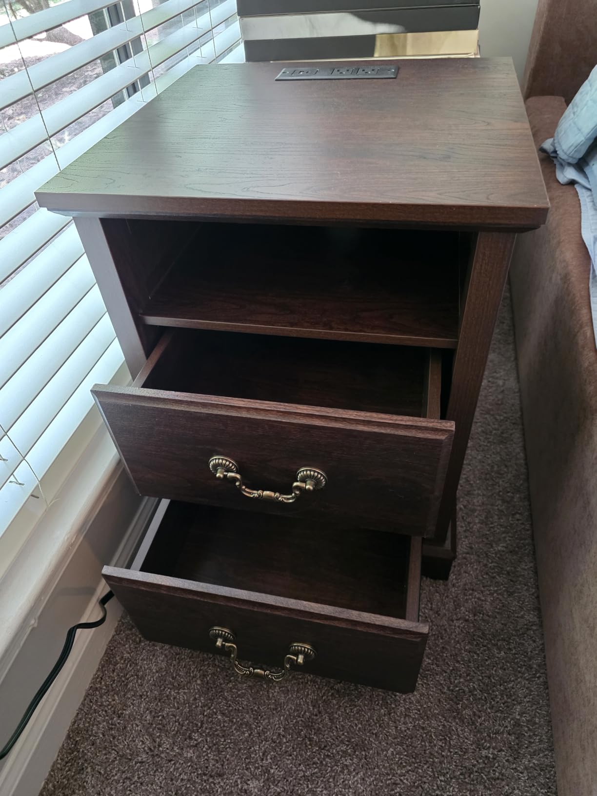 Farmhouse Night Stand with Charging Station, Walnut, 2 Drawers End Tables Bedroom, Bedside Table with Rustic Handles & Floor-Standing Thickened Foot & Open Shelf customer photo 2