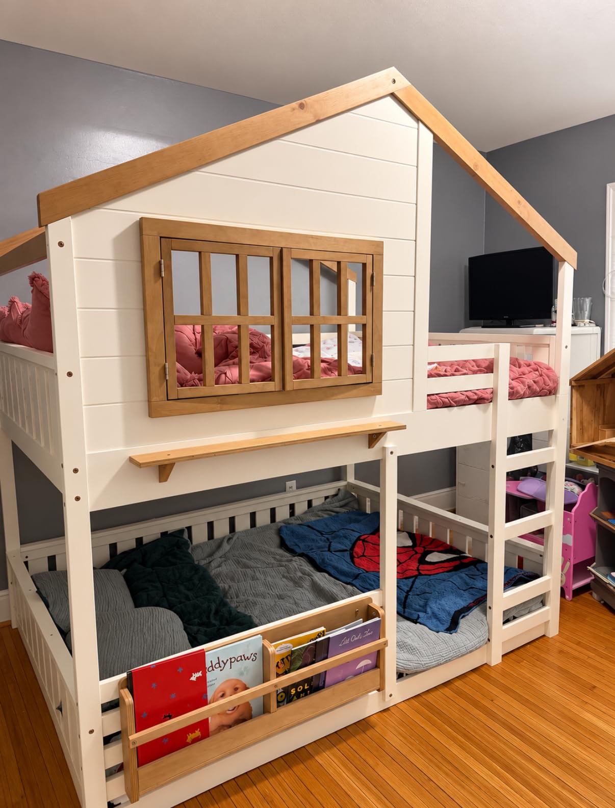 VilroCaz Twin Over Twin House Bunk Bed with Windows and Bookshelf, Wood House Roof Floor Bunk Bed Frame with Safety Fencing and Ladder for Teens Kids Boys Girls (Beige&Natural) customer photo 1