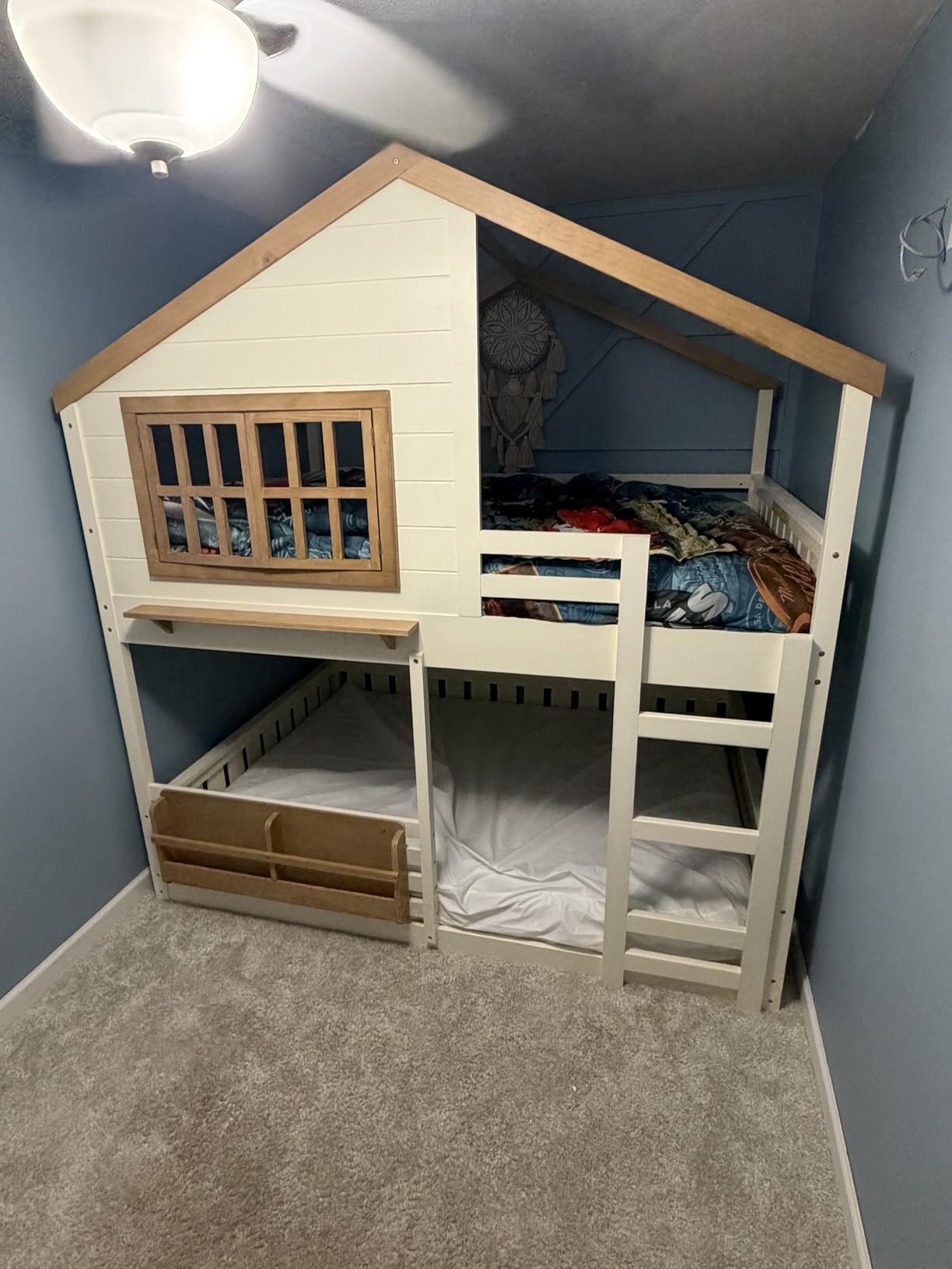 VilroCaz Twin Over Twin House Bunk Bed with Windows and Bookshelf, Wood House Roof Floor Bunk Bed Frame with Safety Fencing and Ladder for Teens Kids Boys Girls (Beige&Natural) customer photo 2