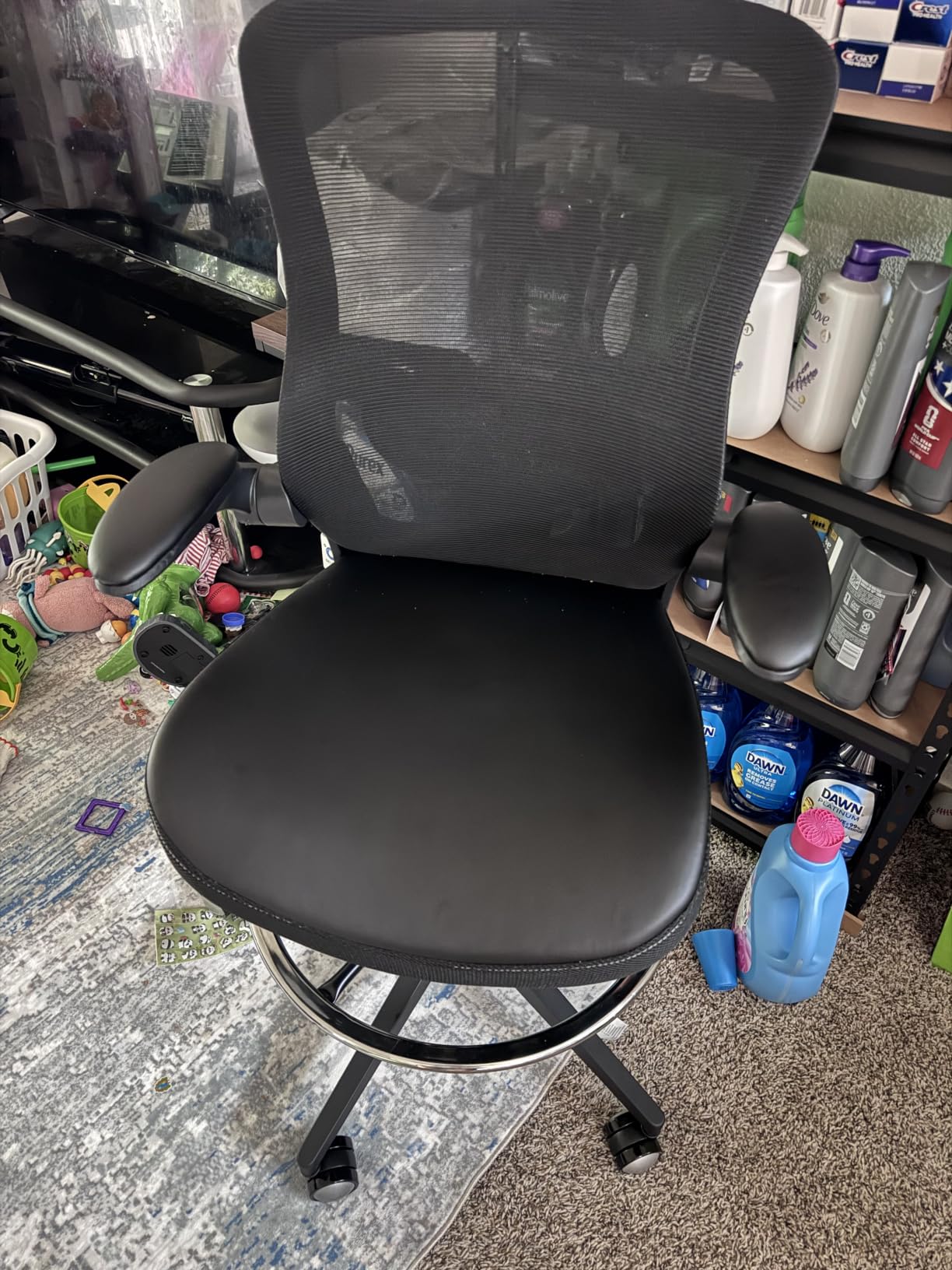 Drafting Chair 400lbs Heavy Duty Tall Office Chair Big and Tall Ergonomic Standing Desk Chair with Lumbar Support and Adjustable Footrest Ring Comfy Mesh Wide Chair with Flip-up Armrests Black customer photo 1