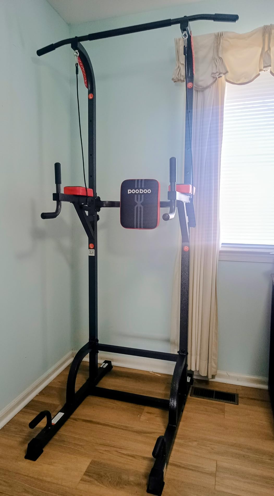 Pooboo Power Tower Dip Station Pull Up Bar for Fitness Home Gym Workout, 450 Pounds Multi-Function Adjustable Height Fitness Strength Training Exercise Equipment, with Power Elastic Ropes customer photo 1