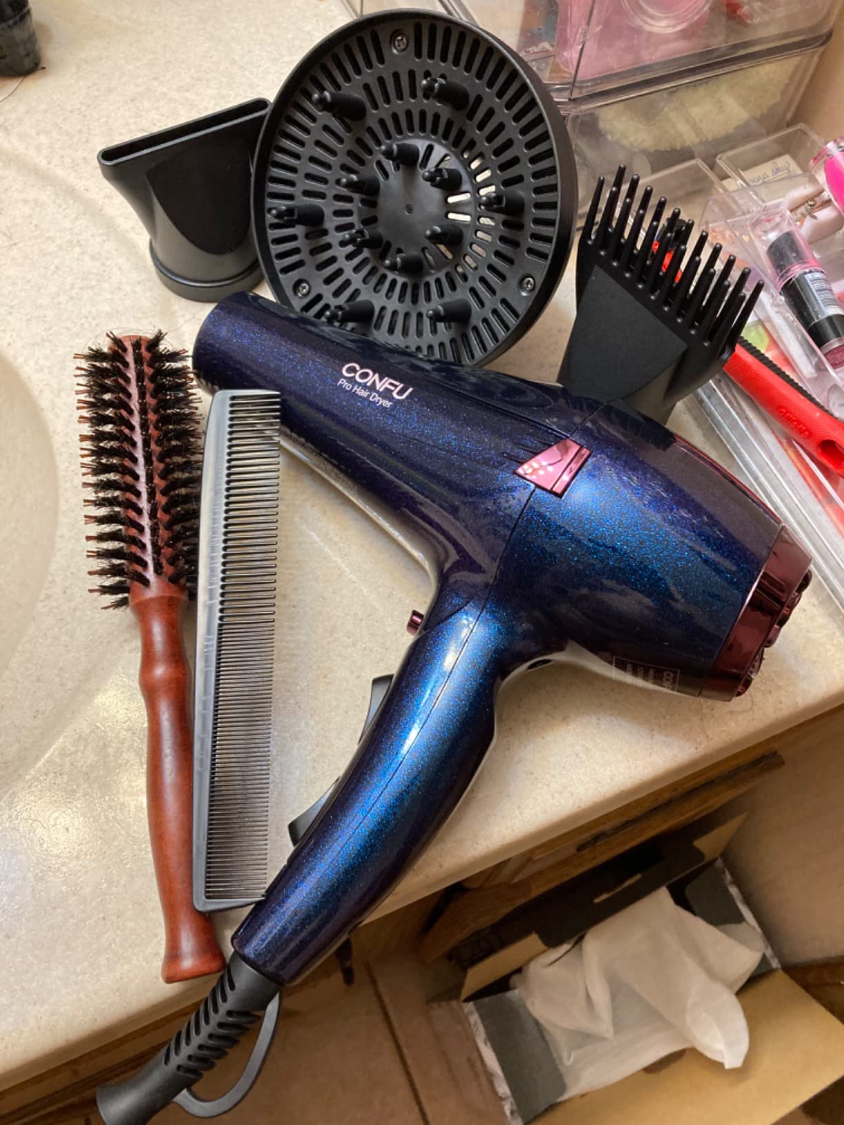 CONFU Hair Dryer Professional Hairdryer - Ionic Blow Dryer 5X Fast Drying | 1875 watt AC motor, 3 heat 2 speed 1 cold button, Blowdryers with comb, diffuser for long thick, curly hair, Low noise, Salon customer photo 2