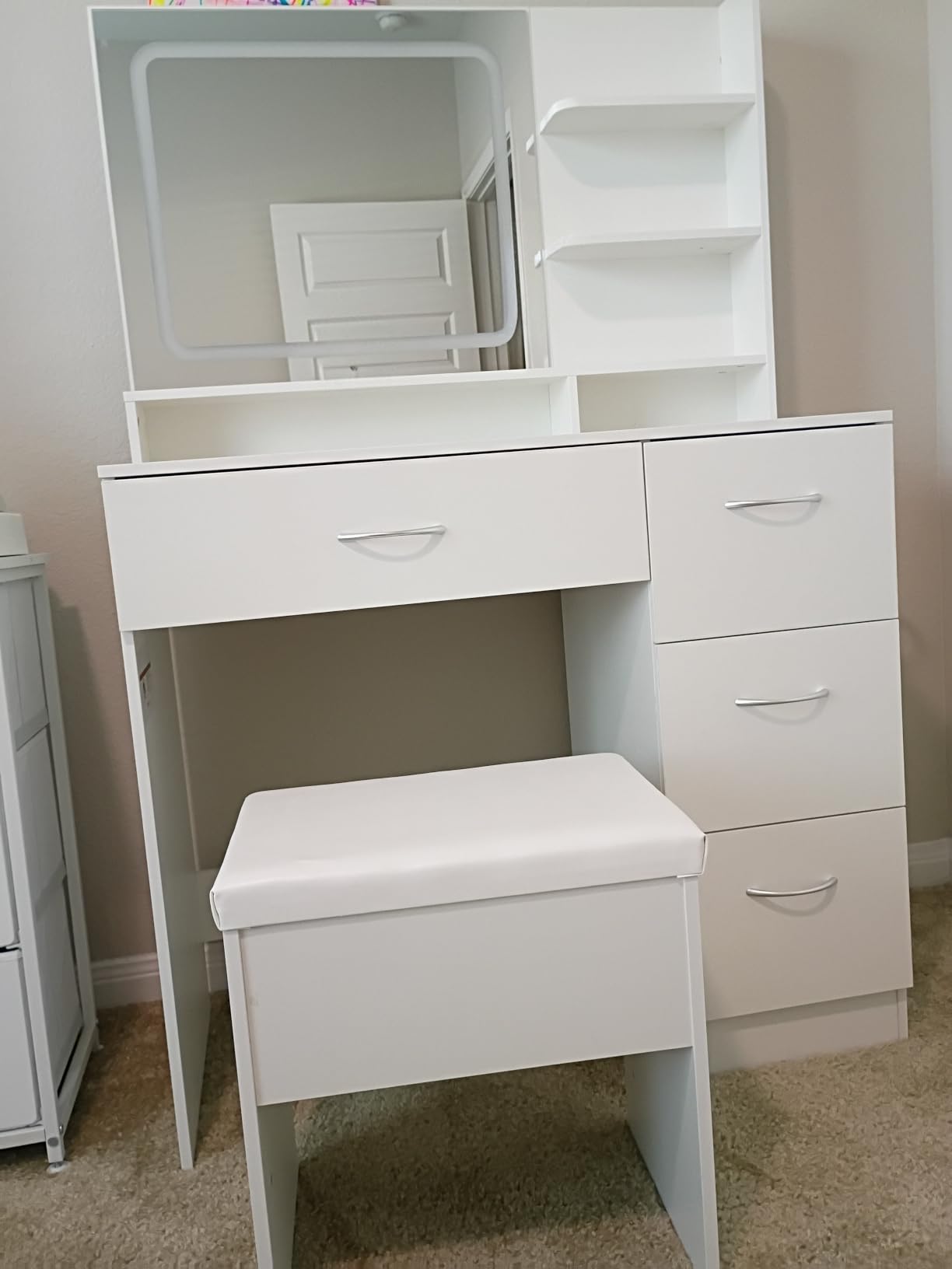 LIVELYGLOW White Makeup Vanity Desk with Charging Station & 4 Drawers | Smart LED Mirror, Cushioned-Stool, Hairdryer Rack customer photo 1