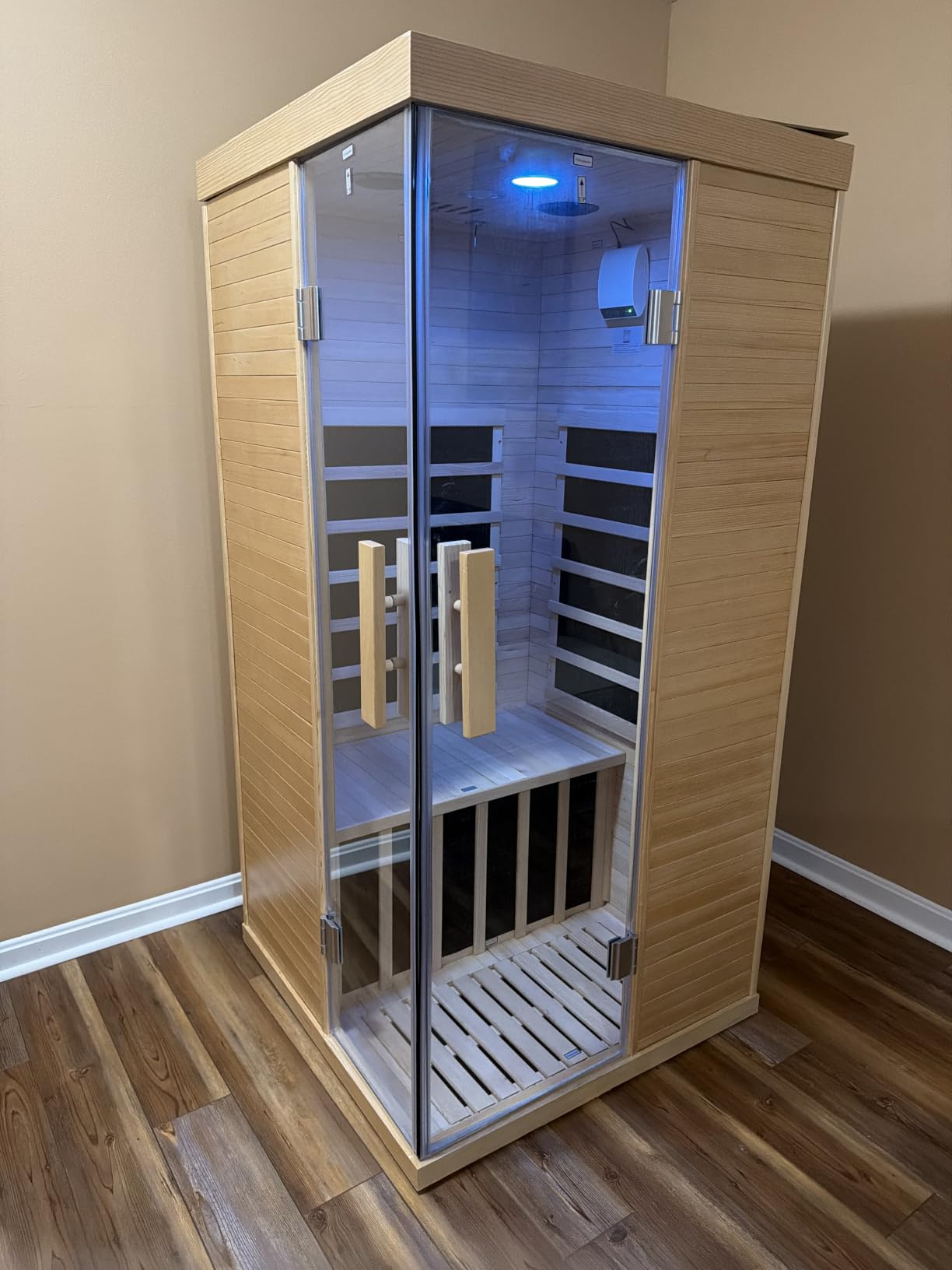 Wood Infrared Sauna for Home, Indoor Home Sauna with Red Light, 1 Person Infrared Sauna, Chromotherapy Light, Hemlock, Low EMF Far Infrared, Bluetooth Speakers, 33.4