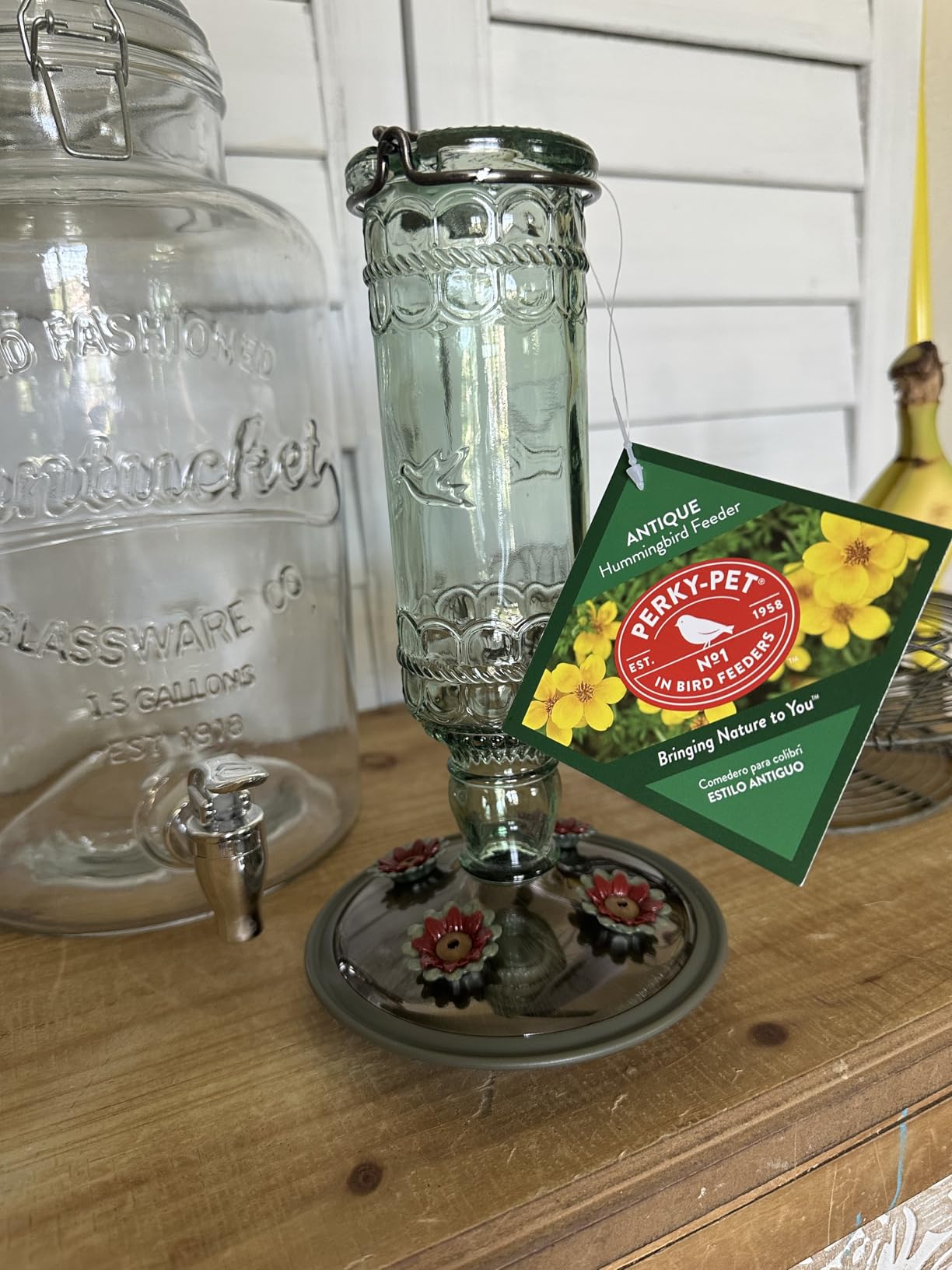 Perky-Pet Antique Glass Bottle Hummingbird Feeder, 10 oz Capacity, Green customer photo 1