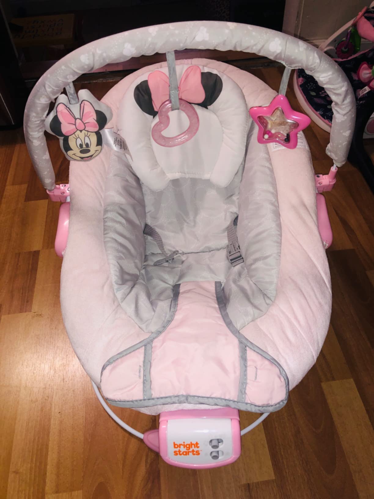 Bright Starts Disney Baby Winnie The Pooh Baby Bouncer Soothing Vibrations Deluxe Infant Seat - Faux Suede, Music, Removable -Toy Bar, 0-6 Months 6-20 lbs (Dots & Hunny Pots) customer photo 2