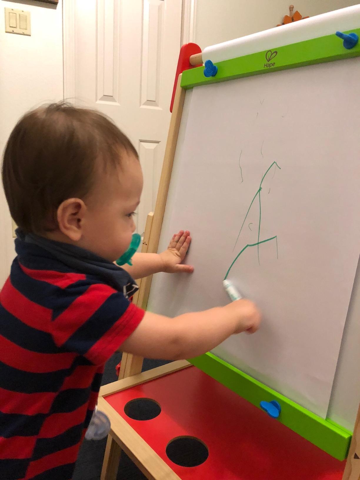 Hape E1010 Magnetic All in 1 Kids Height Adjustable Drawing Dry-Erase Chalkboard Wooden Artist Easel with 3 Paint Pots and Refillable Paper Roll customer photo 1