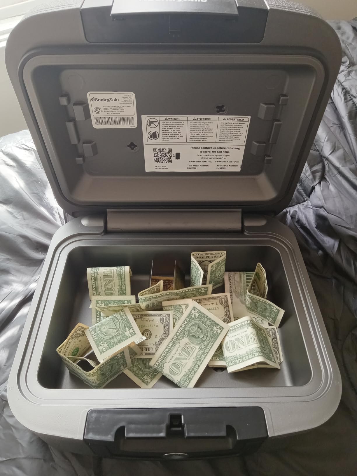 SentrySafe Charcoal Gray Fireproof and Waterproof Safe Box with Key Lock, Portable Chest for Money, Passport, 0.28 Cubic Feet, 6.6 x 15.4 x 14.3 Inches, CHW20221 customer photo 1