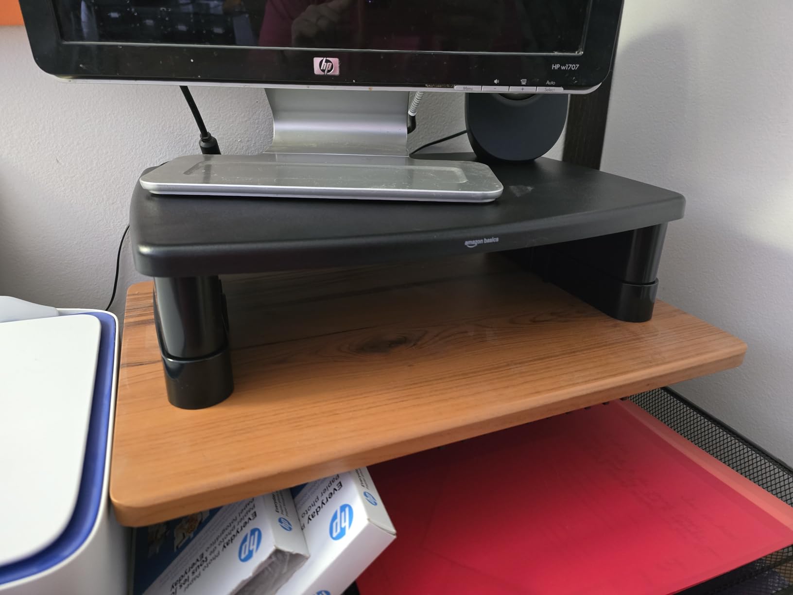 Amazon Basics Height Adjustable Monitor Stand Riser with Storage Organizer, 3-Level Stackable Design, Durable ABS Plastic, Supports up to 22lbs, for Monitors & Laptops, Black customer photo 2